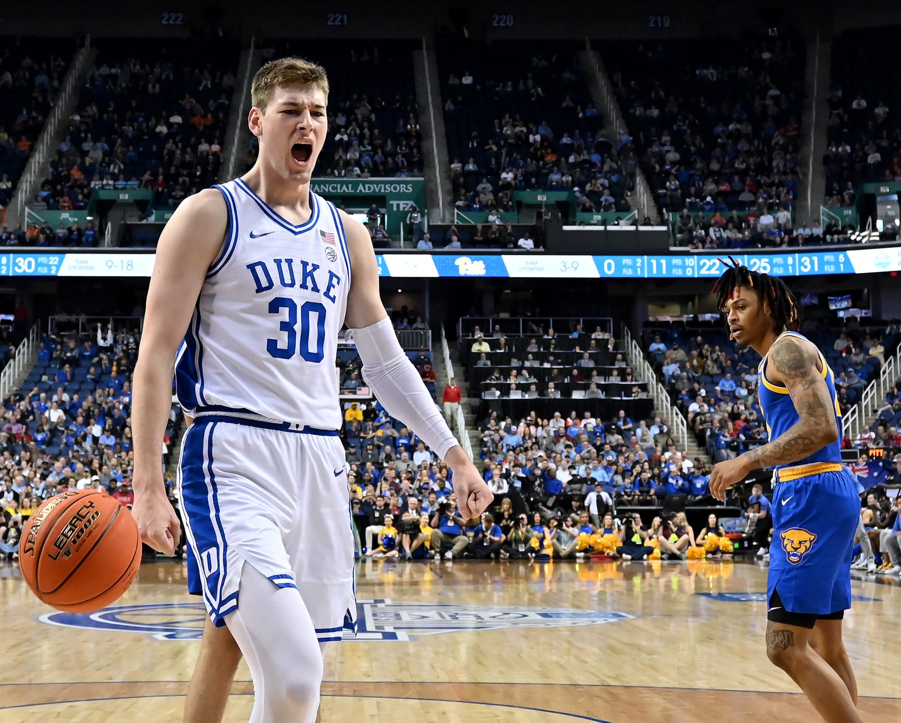 GREENSBORO, NORTH CAROLINA - MARCH 09: Kyle Filipowski #30 of the Duke Blue Devils reacts during the second half of their game against the Pittsburgh Panthers in the quarterfinals of the ACC Basketball Tournament at Greensboro Coliseum on March 09, 2023 in Greensboro, North Carolina. (Photo by Grant Halverson/Getty Images)