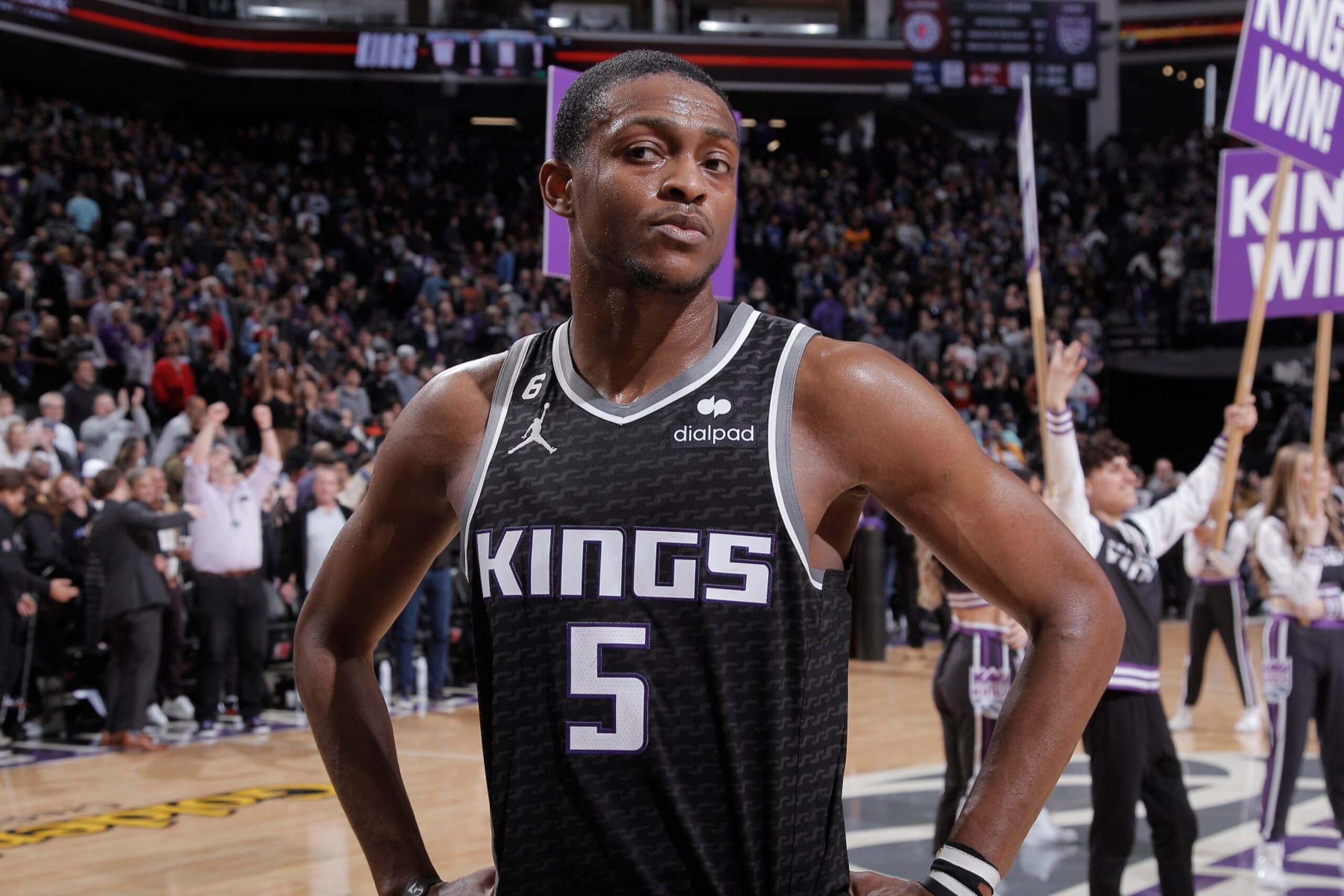 SACRAMENTO, CA - MARCH 3: DeAaron Fox #5 of the Sacramento Kings looks on after defeating the Los Angeles Clippers on March 3, 2023 at Golden 1 Center in Sacramento, California. NOTE TO USER: User expressly acknowledges and agrees that, by downloading and or using this photograph, User is consenting to the terms and conditions of the Getty Images Agreement. Mandatory Copyright Notice: Copyright 2023 NBAE (Photo by Rocky Widner/NBAE via Getty Images)