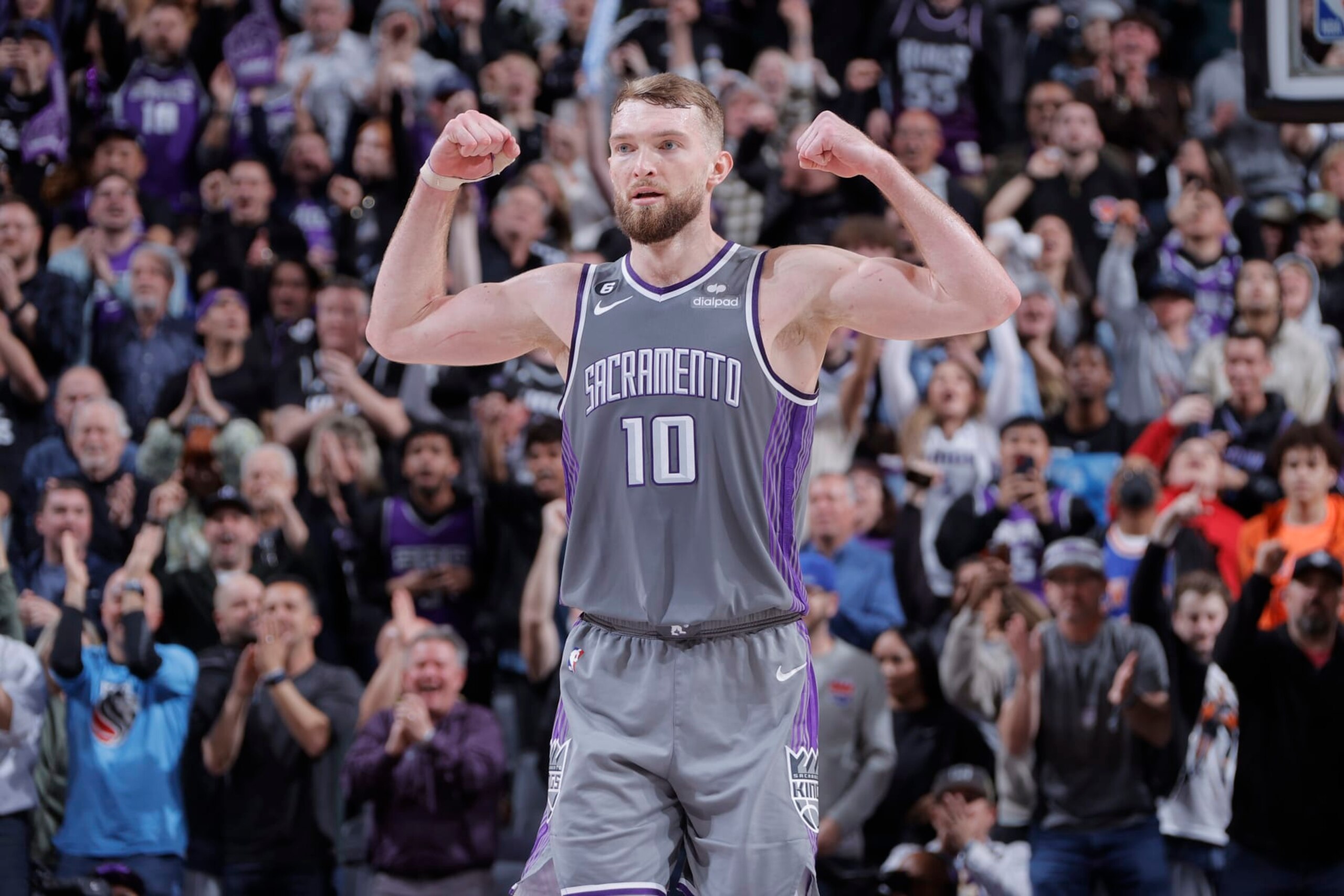 SACRAMENTO, CA - MARCH 9: Domantas Sabonis #10 of the Sacramento Kings celebrates during the game against the New York Knicks on March 9, 2023 at Golden 1 Center in Sacramento, California. NOTE TO USER: User expressly acknowledges and agrees that, by downloading and or using this Photograph, user is consenting to the terms and conditions of the Getty Images License Agreement. Mandatory Copyright Notice: Copyright 2023 NBAE (Photo by Rocky Widner/NBAE via Getty Images)