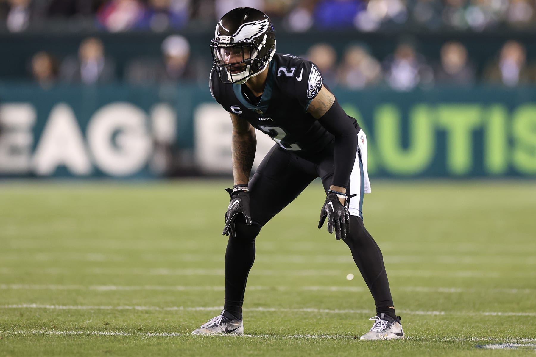 PHILADELPHIA, PENNSYLVANIA - JANUARY 08: Darius Slay #2 of the Philadelphia Eagles looks on against the New York Giants at Lincoln Financial Field on January 08, 2023 in Philadelphia, Pennsylvania. (Photo by Tim Nwachukwu/Getty Images)