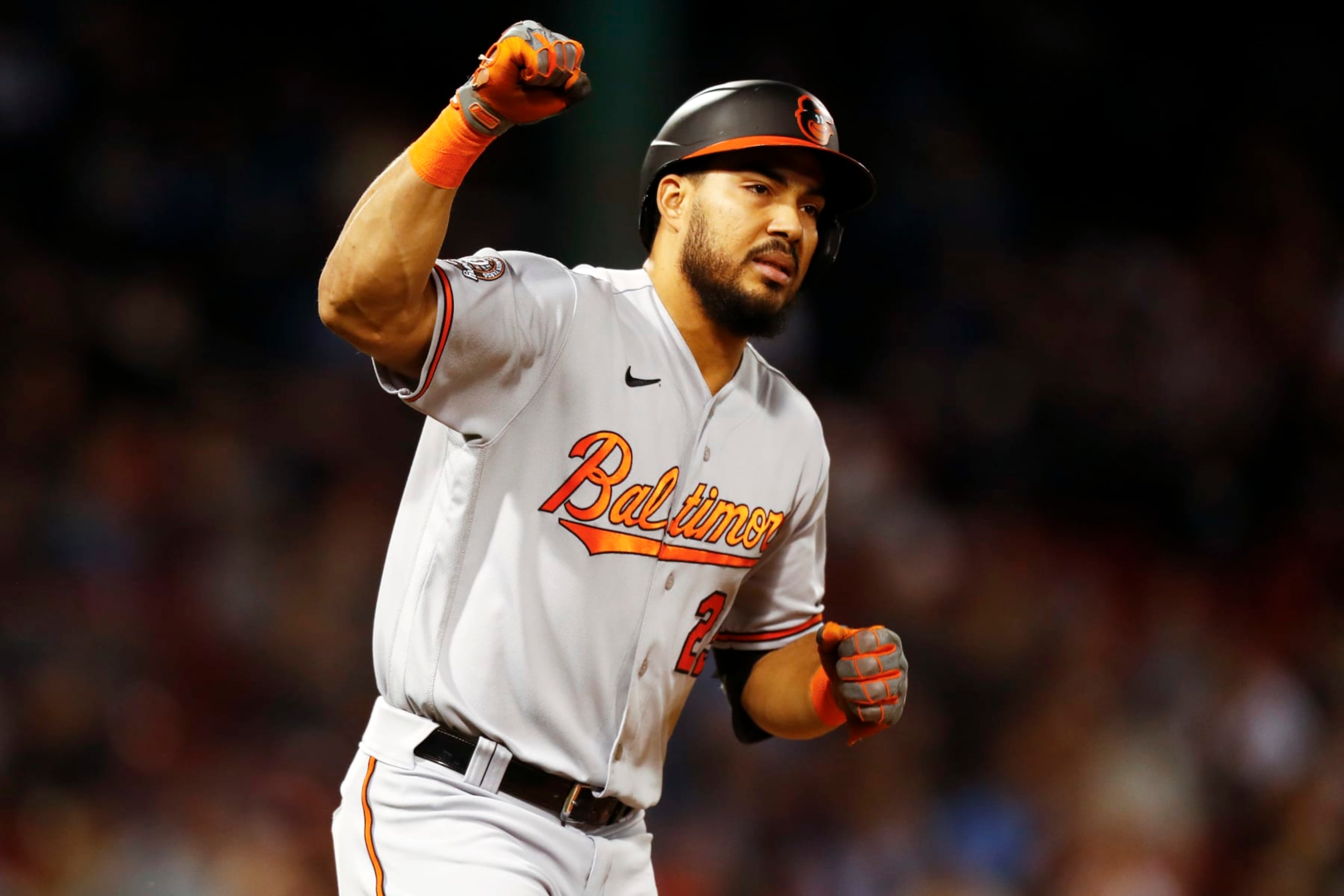 BOSTON, MASSACHUSETTS - SEPTEMBER 27: Anthony Santander #25 of the Baltimore Orioles reacts after hitting an RBI home run at the top of the fourth inning of the game against the Boston Red Sox at Fenway Park on September 27, 2022 in Boston, Massachusetts. (Photo by Omar Rawlings/Getty Images)