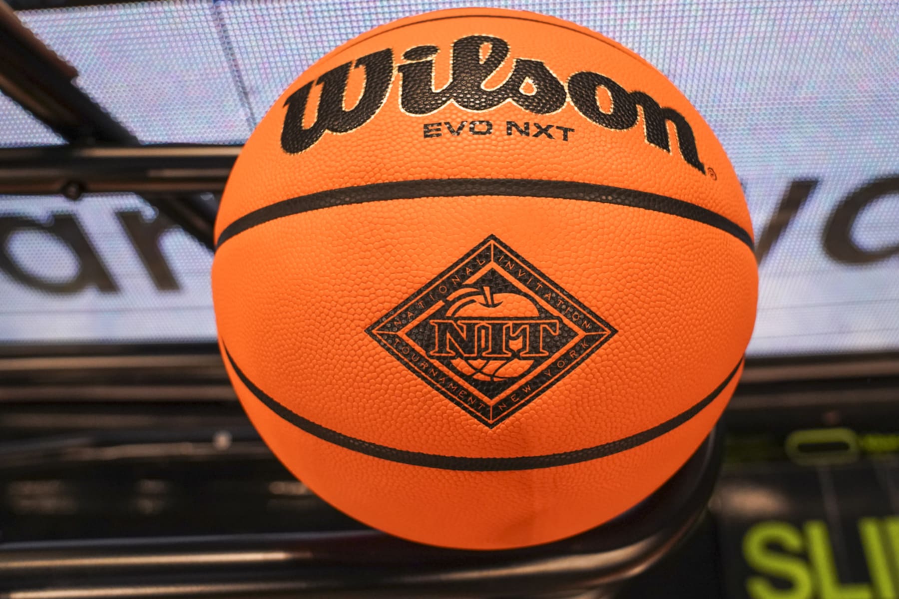 NEW YORK, NY - NOVEMBER 24:  Wilson basketball with the NIT logo before the NIT Season Tip-off at Barclays Center on November 24, 2021 in the Brooklyn borough of New York City.  (Photo by Porter Binks/Getty Images)