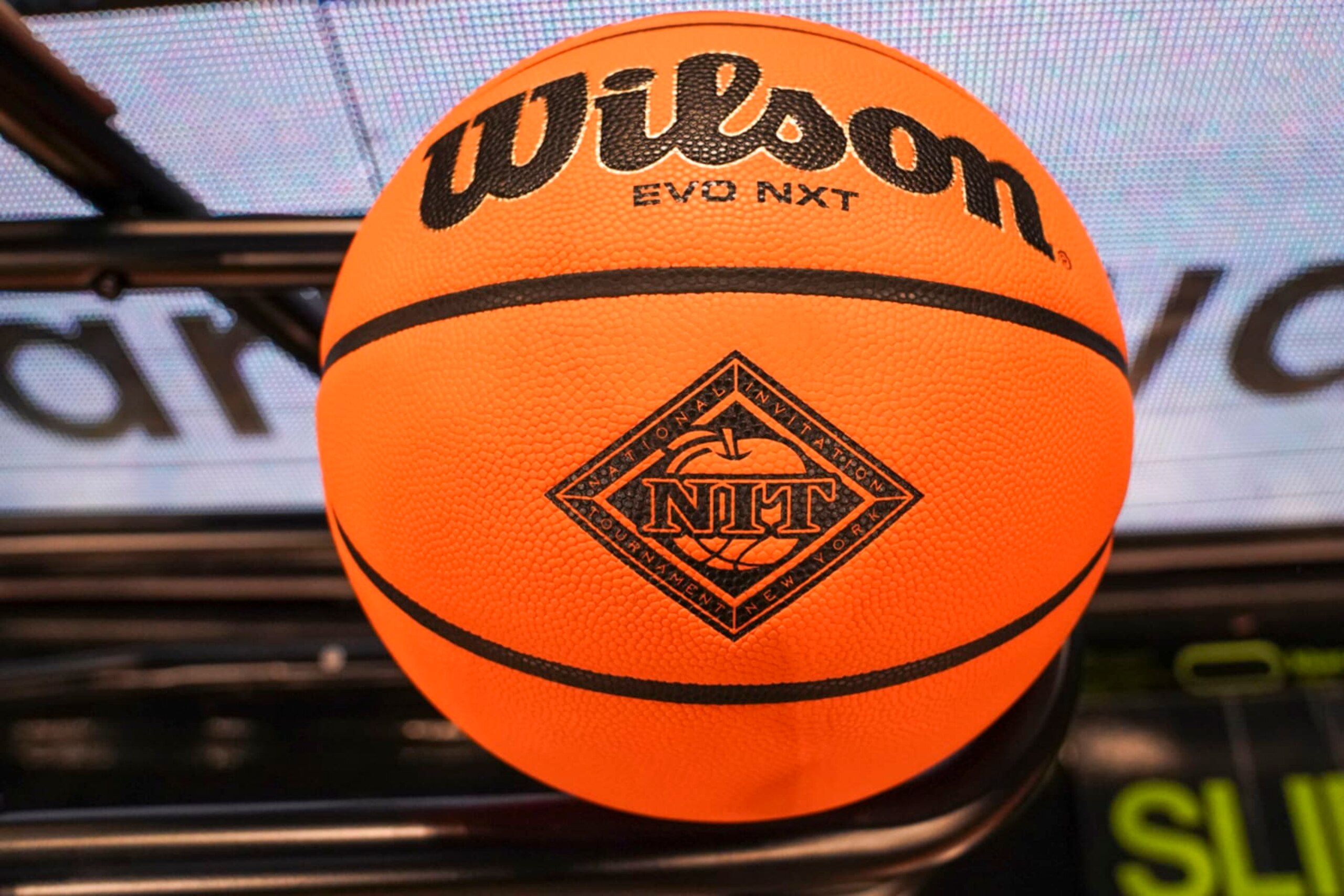 NEW YORK, NY - NOVEMBER 24:  Wilson basketball with the NIT logo before the NIT Season Tip-off at Barclays Center on November 24, 2021 in the Brooklyn borough of New York City.  (Photo by Porter Binks/Getty Images)