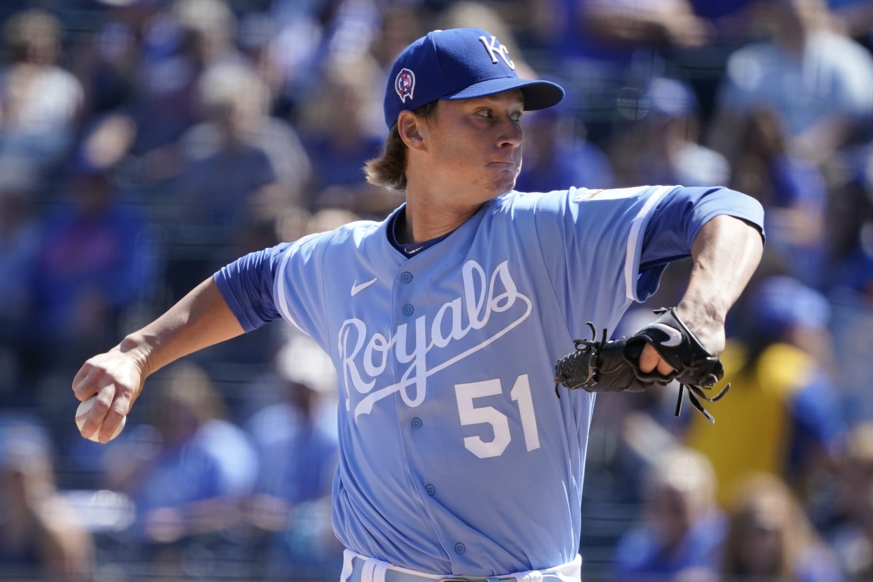 KANSAS CITY, MO - SEPTEMBER 11:  Starting pitcher Brady Singer #51 of the Kansas City Royals throws in the first inning against the Detroit Tigers at Kauffman Stadium on September 11, 2022 in Kansas City, Missouri. (Photo by Ed Zurga/Getty Images)