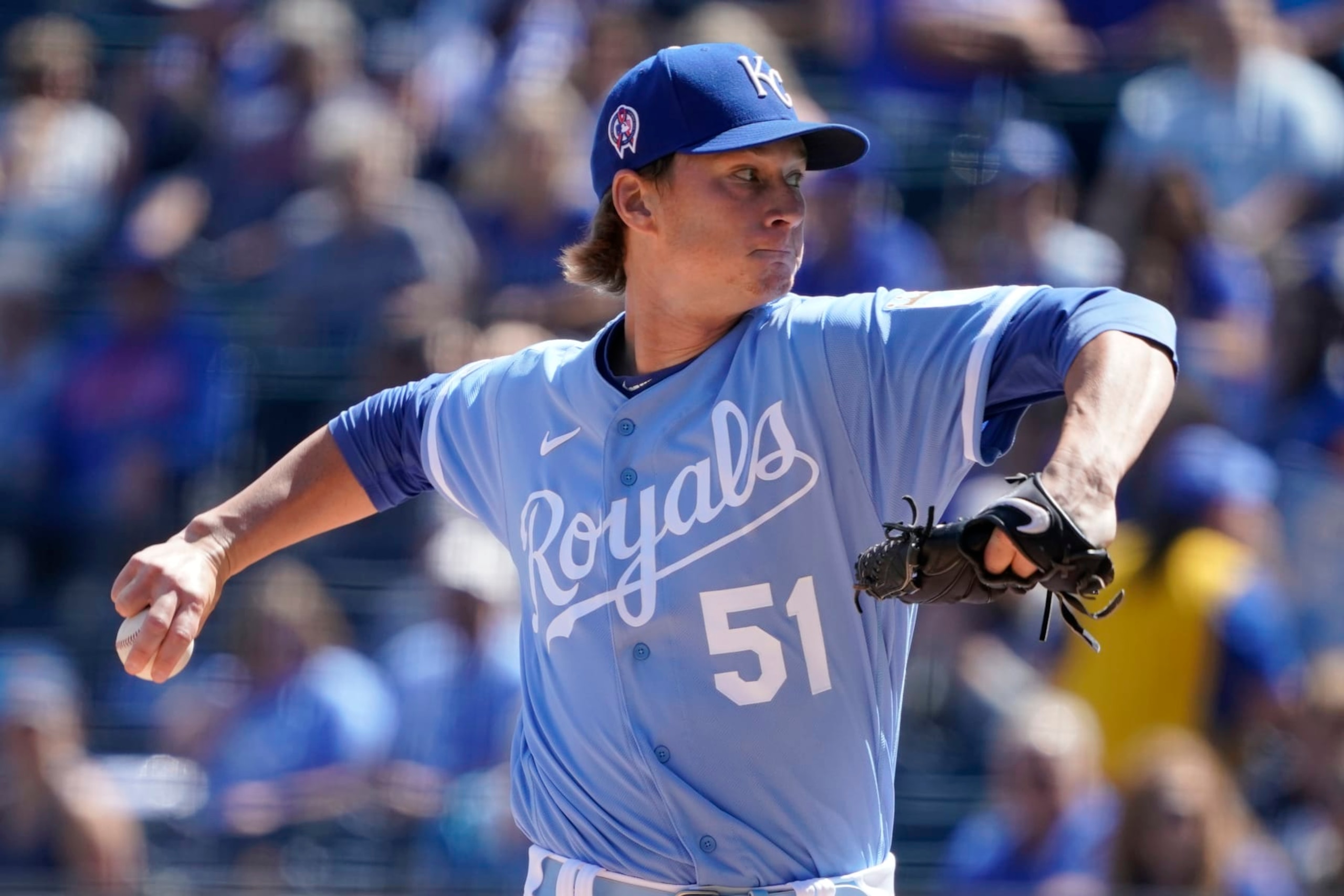KANSAS CITY, MO - SEPTEMBER 11:  Starting pitcher Brady Singer #51 of the Kansas City Royals throws in the first inning against the Detroit Tigers at Kauffman Stadium on September 11, 2022 in Kansas City, Missouri. (Photo by Ed Zurga/Getty Images)