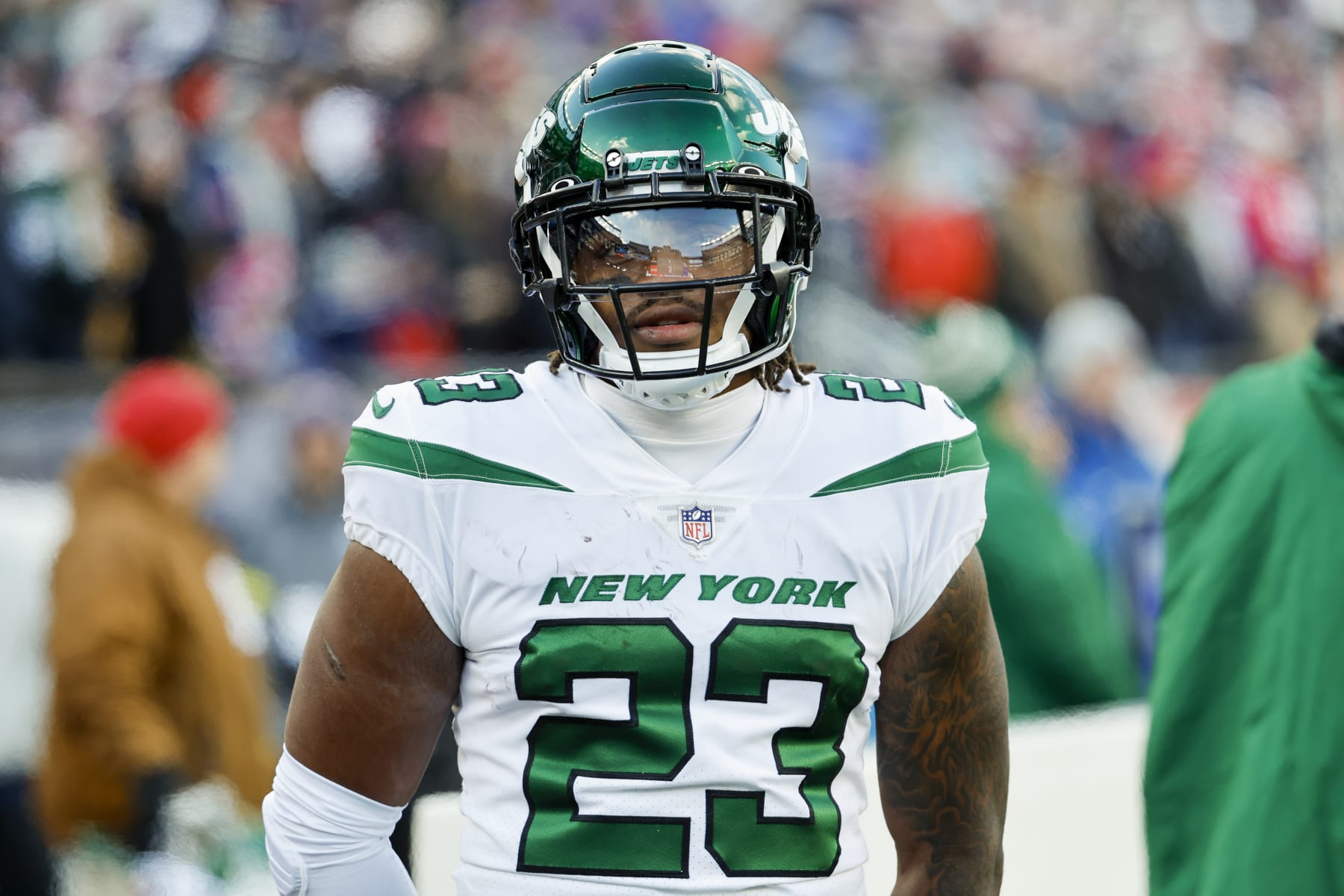 New York Jets running back James Robinson (23) reacts during the first half of an NFL football game against the New England Patriots, Sunday, Nov. 20, 2022, in Foxborough, Mass. (AP Photo/Greg M. Cooper)
