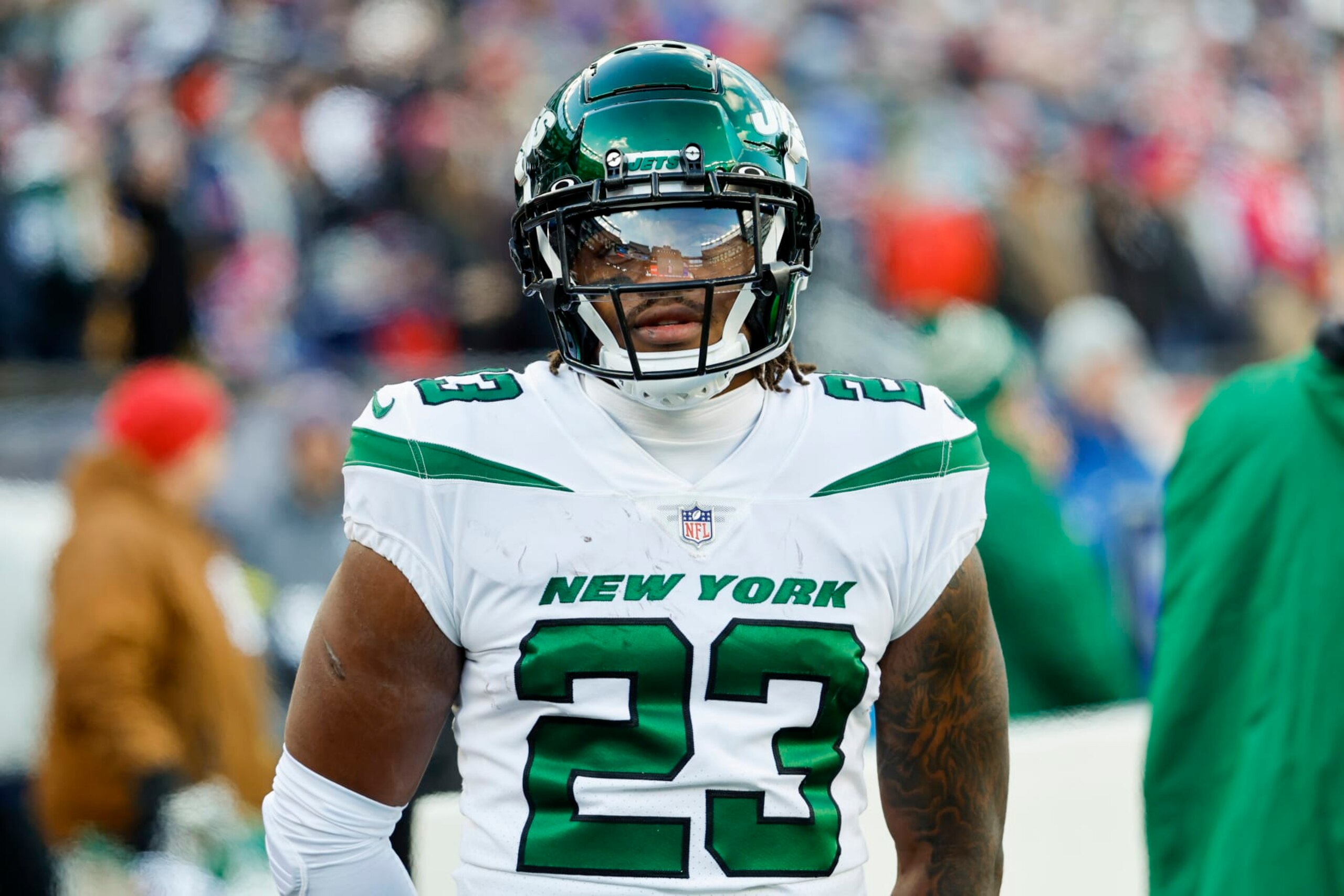 New York Jets running back James Robinson (23) reacts during the first half of an NFL football game against the New England Patriots, Sunday, Nov. 20, 2022, in Foxborough, Mass. (AP Photo/Greg M. Cooper)