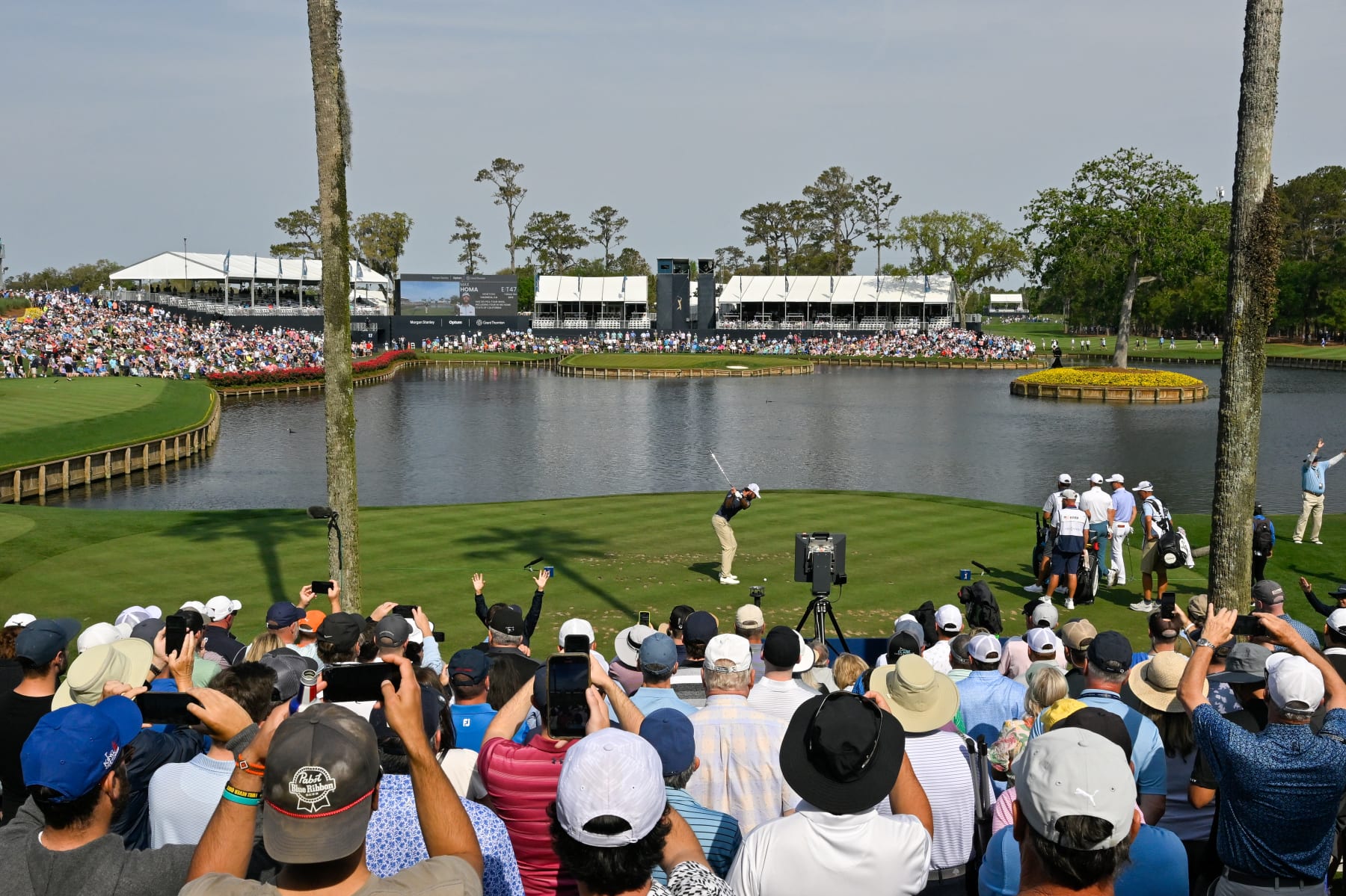 PONTE VEDRA BEACH, FLORIDA - MARCH 10: Max Homa hits a tee shot on the 17th hole during the second round of THE PLAYERS Championship at Stadium Course at TPC Sawgrass on March 10, 2023 in Ponte Vedra Beach, Florida. (Photo by Ben Jared/PGA TOUR via Getty Images)