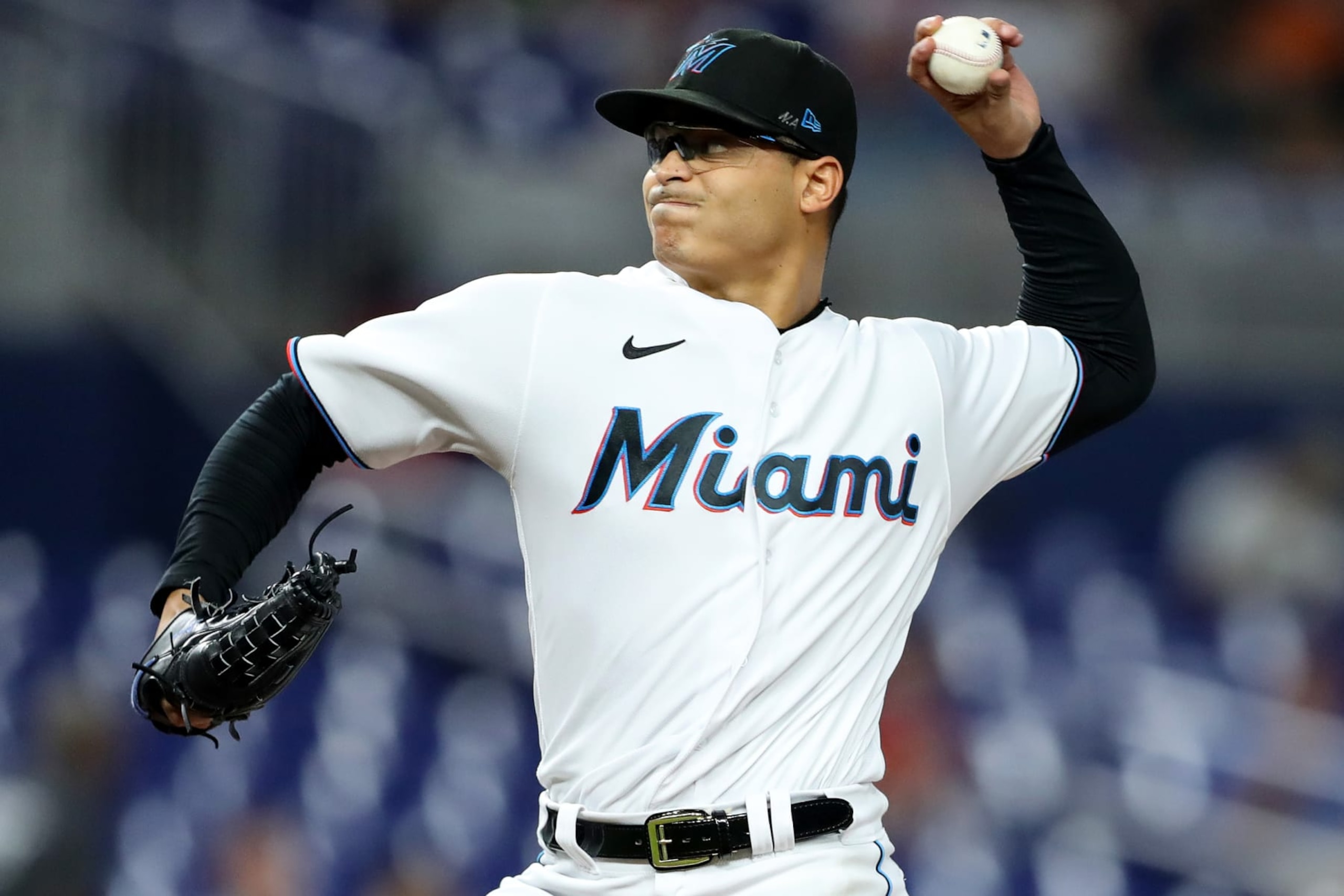 MIAMI, FLORIDA - OCTOBER 03: Jesus Luzardo #44 of the Miami Marlins delivers a pitch against the Atlanta Braves during the second inning at loanDepot park on October 03, 2022 in Miami, Florida. (Photo by Megan Briggs/Getty Images)