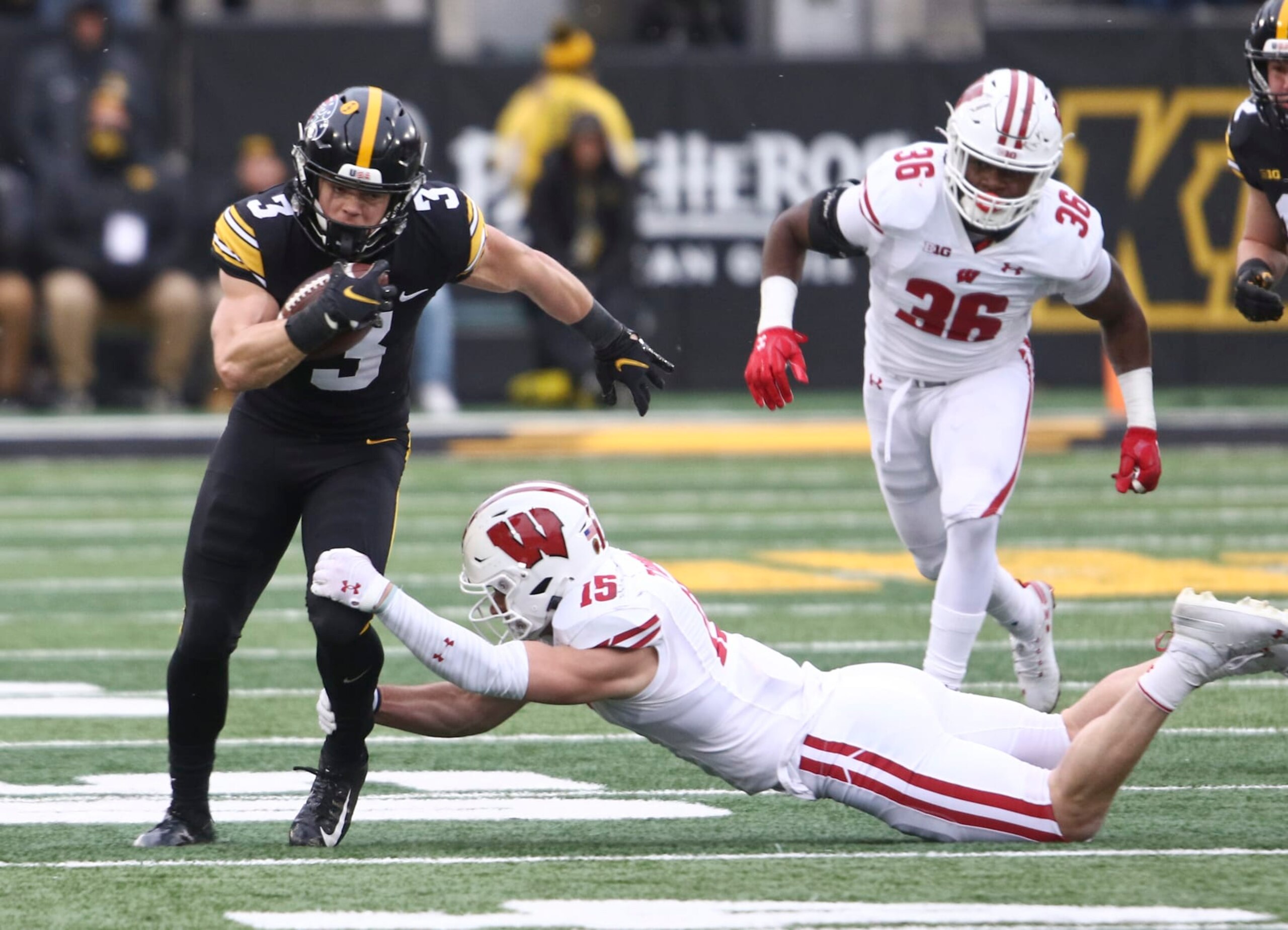 IOWA CITY, IOWA - NOVEMBER 12: Defensive back Cooper DeJean #3 of the Iowa Hawkeyes runs up the field during the first half against safety John Torchio #15 of the Wisconsin Badgers at Kinnick Stadium, on November 12, 2022 in Iowa City, Iowa. (Photo by Matthew Holst/Getty Images) IOWA CITY, IOWA - NOVEMBER 12: Defensive back Cooper DeJean #3 of the Iowa Hawkeyes runs up the field during the first half against safety John Torchio #15 of the Wisconsin Badgers at Kinnick Stadium, on November 12, 2022 in Iowa City, Iowa. (Photo by Matthew Holst/Getty Images)