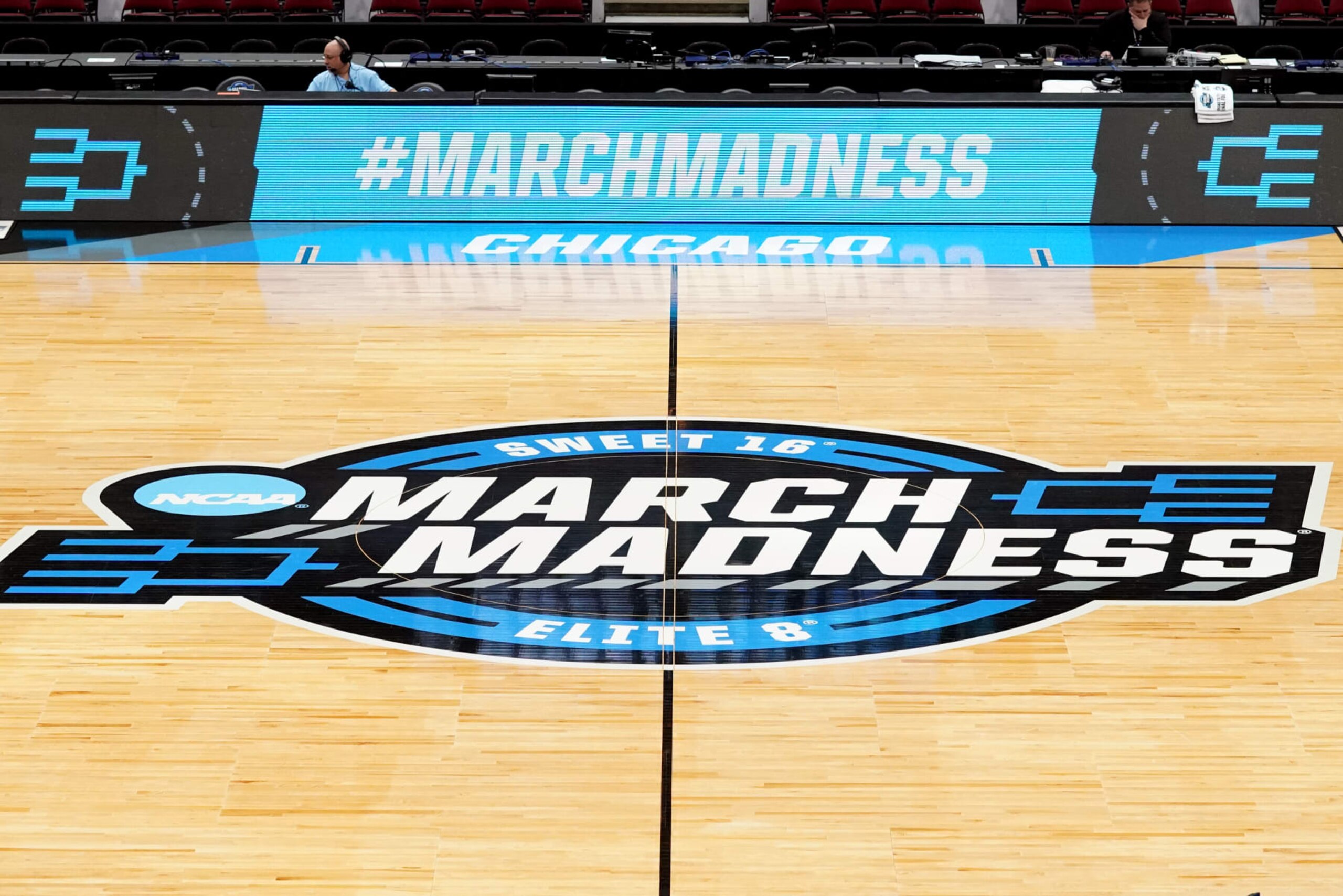CHICAGO, ILLINOIS - MARCH 25:  Sweet 16/Elite March Madness logo on the floor before the NCAA Men's Basketball Tournament Sweet 16 game between the Providence Friars and the Kansas Jayhawks at the United Center Center on March 25, 2022 in Chicago, Illinois.  (Photo by Mitchell Layton/Getty Images)