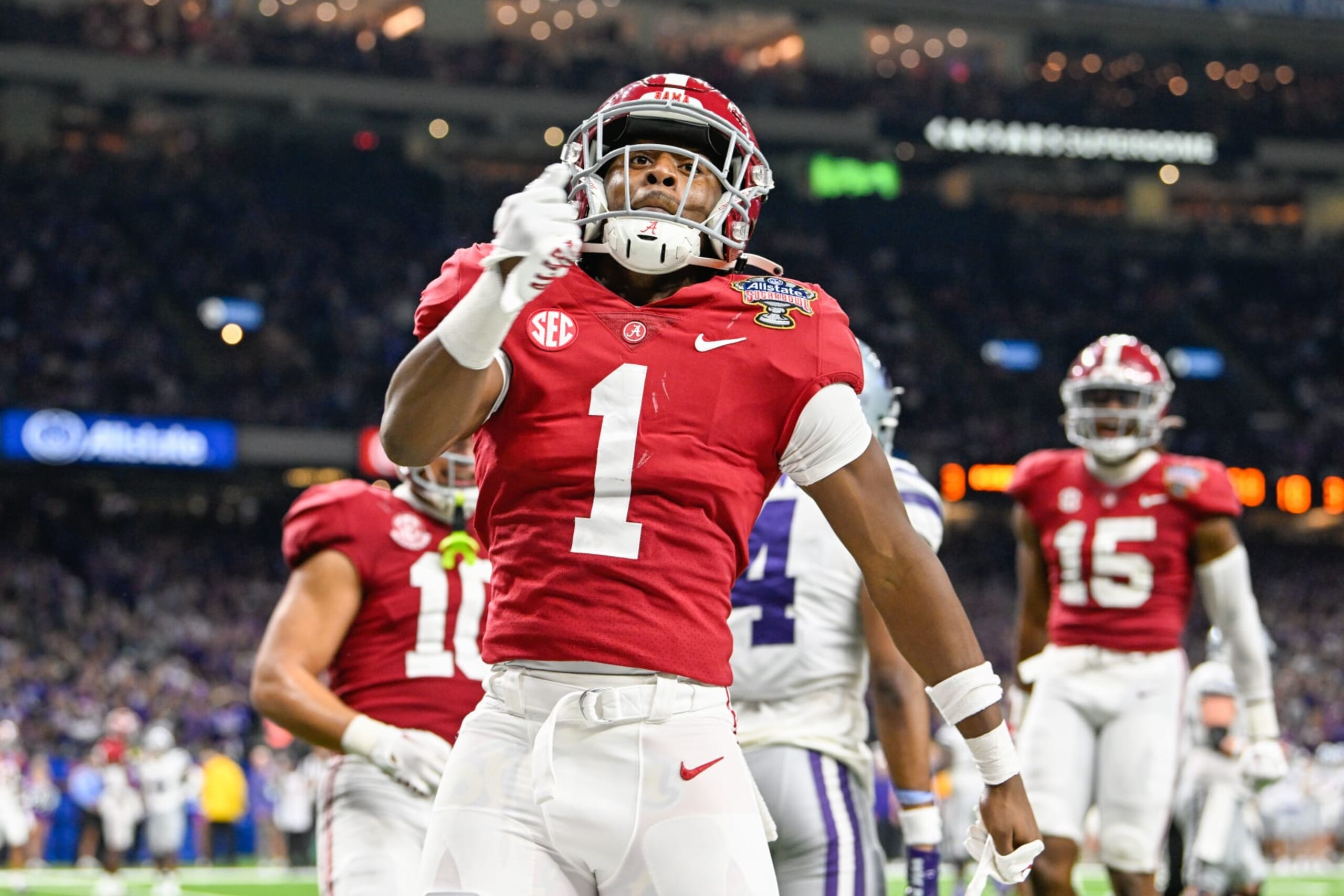 NEW ORLEANS, LA - DECEMBER 31: Alabama Crimson Tide defensive back Kool-Aid McKinstry (1) celebrates a big pass breakup in the endzone during the Sugar Bowl between the Alabama Crimson Tide and Kansas State Wildcats at Caesars Superdome on December 31, 2022 in New Orleans, LA. (Photo by Ken Murray/Icon Sportswire via Getty Images) NEW ORLEANS, LA - DECEMBER 31: Alabama Crimson Tide defensive back Kool-Aid McKinstry (1) celebrates a big pass breakup in the endzone during the Sugar Bowl between the Alabama Crimson Tide and Kansas State Wildcats at Caesars Superdome on December 31, 2022 in New Orleans, LA. (Photo by Ken Murray/Icon Sportswire via Getty Images)