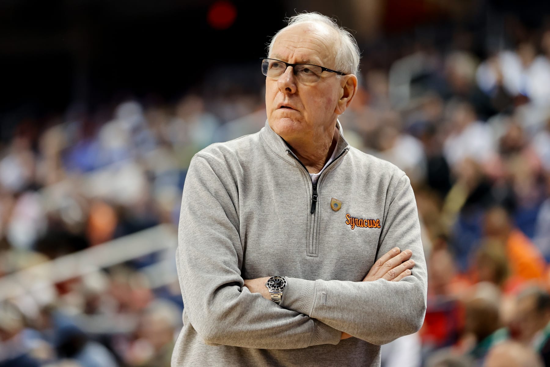GREENSBORO, NC - MARCH 08: Head coach Jim Boeheim of the Syracuse Orange looks on during the second half against the Wake Forest Demon Deacons at Greensboro Coliseum Complex on March 8, 2023 in Greensboro, North Carolina. (Photo by Isaiah Vazquez/Getty Images)