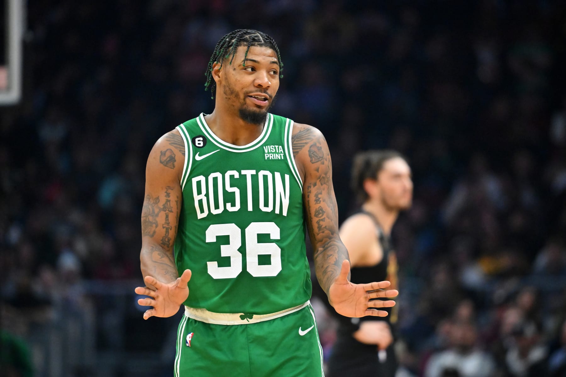 CLEVELAND, OHIO - MARCH 06: Marcus Smart #36 of the Boston Celtics reacts during the third quarter against the Cleveland Cavaliers at Rocket Mortgage Fieldhouse on March 06, 2023 in Cleveland, Ohio. NOTE TO USER: User expressly acknowledges and agrees that, by downloading and or using this photograph, User is consenting to the terms and conditions of the Getty Images License Agreement. (Photo by Jason Miller/Getty Images)