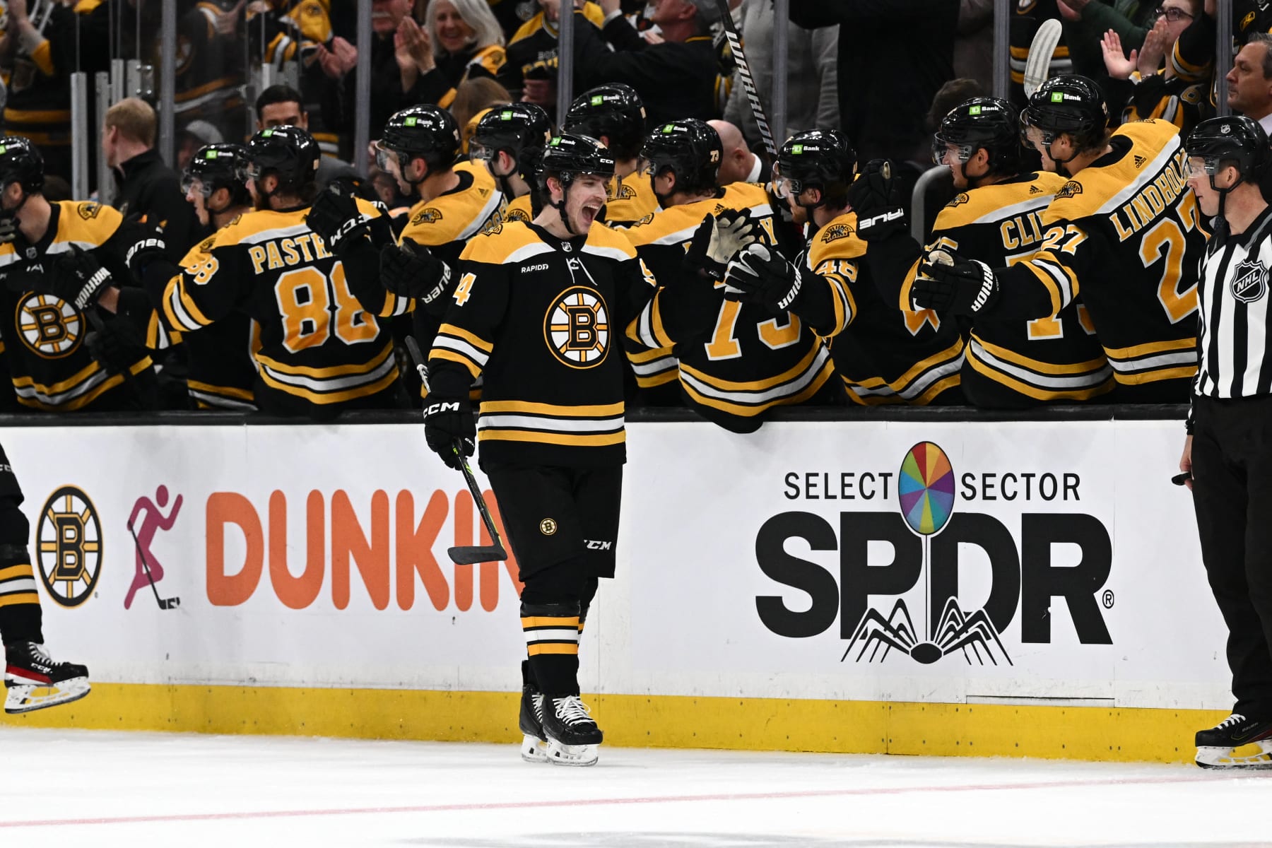 BOSTON, MASSACHUSETTS - MARCH 02: Jakub Lauko #94 of the Boston Bruins celebrates with teammates after scoring a goal against the Buffalo Sabres during the second period at the TD Garden on March 02, 2023 in Boston, Massachusetts. (Photo by Brian Fluharty/Getty Images)