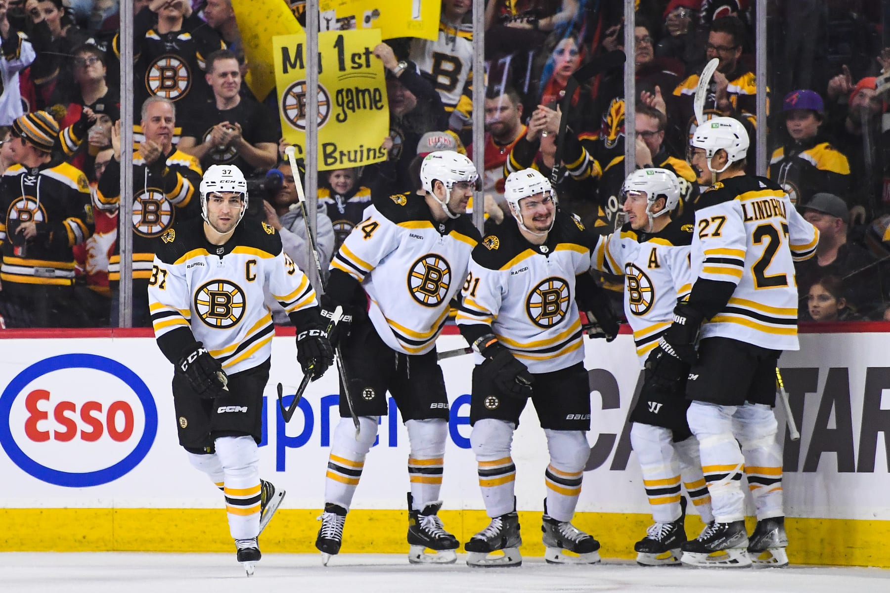 CALGARY, CANADA - FEBRUARY 28: Dmitri Orlov #81 (C) of the Boston Bruins celebrates after scoring against the Calgary Flames during the first period of an NHL game at Scotiabank Saddledome on February 28, 2023 in Calgary, Alberta, Canada. (Photo by Derek Leung/Getty Images)