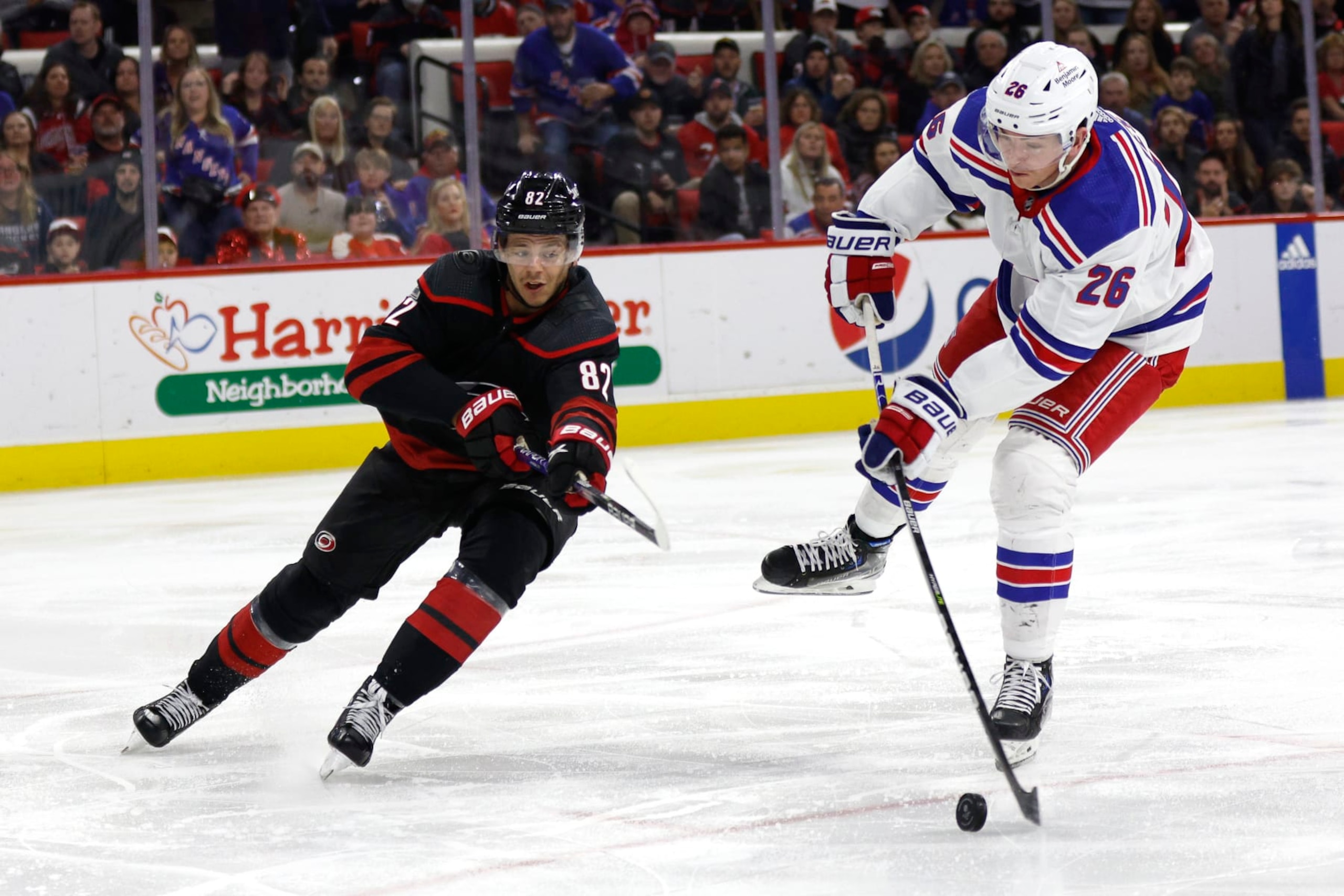 RALEIGH, NORTH CAROLINA - FEBRUARY 11: Jimmy Vesey #26 of the New York Rangers attempts a shot during the third period of the game against the Carolina Hurricanes at PNC Arena on February 11, 2023 in Raleigh, North Carolina. (Photo by Jared C. Tilton/Getty Images) RALEIGH, NORTH CAROLINA - FEBRUARY 11: Jimmy Vesey #26 of the New York Rangers attempts a shot during the third period of the game against the Carolina Hurricanes at PNC Arena on February 11, 2023 in Raleigh, North Carolina. (Photo by Jared C. Tilton/Getty Images)