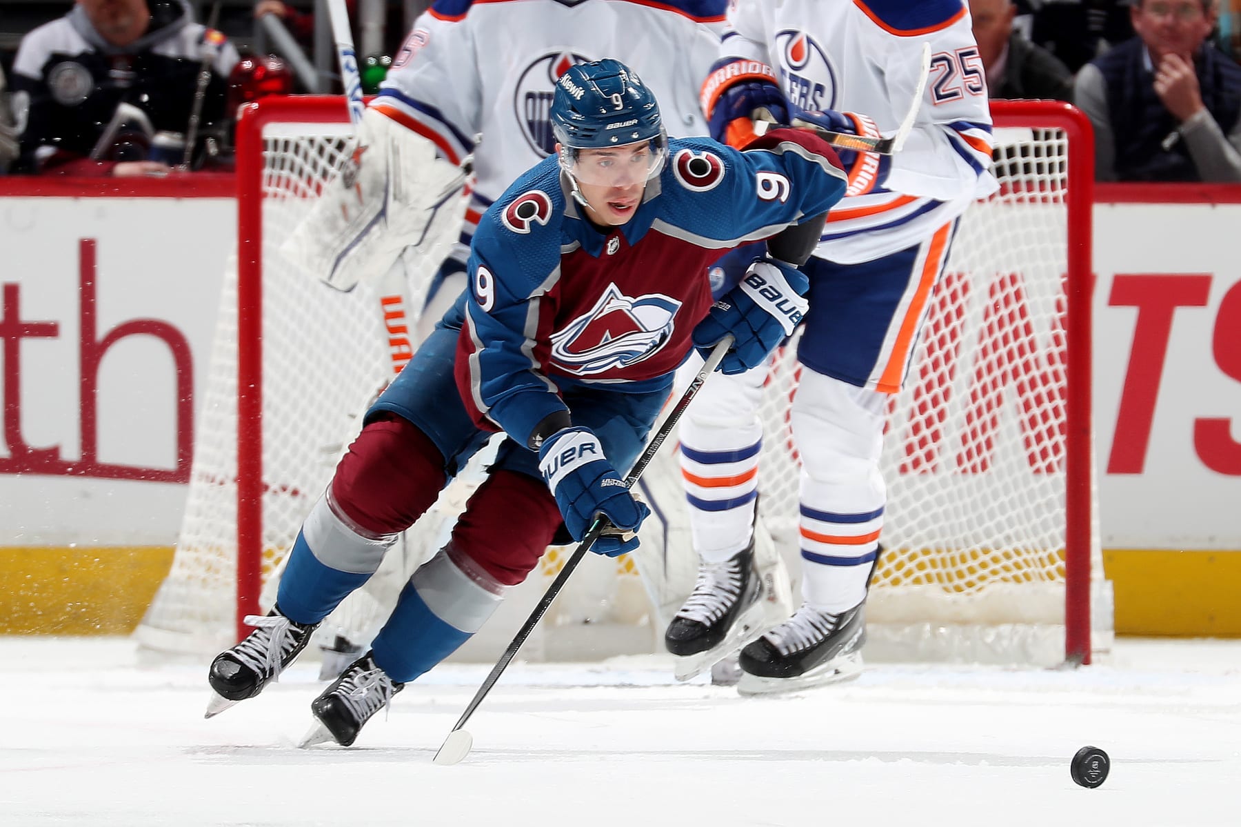 DENVER, COLORADO - FEBRUARY 19: Evan Rodrigues #9 of the Colorado Avalanche skates against the Edmonton Oilers at Ball Arena on February 19, 2023 in Denver, Colorado. (Photo by Michael Martin/NHLI via Getty Images)