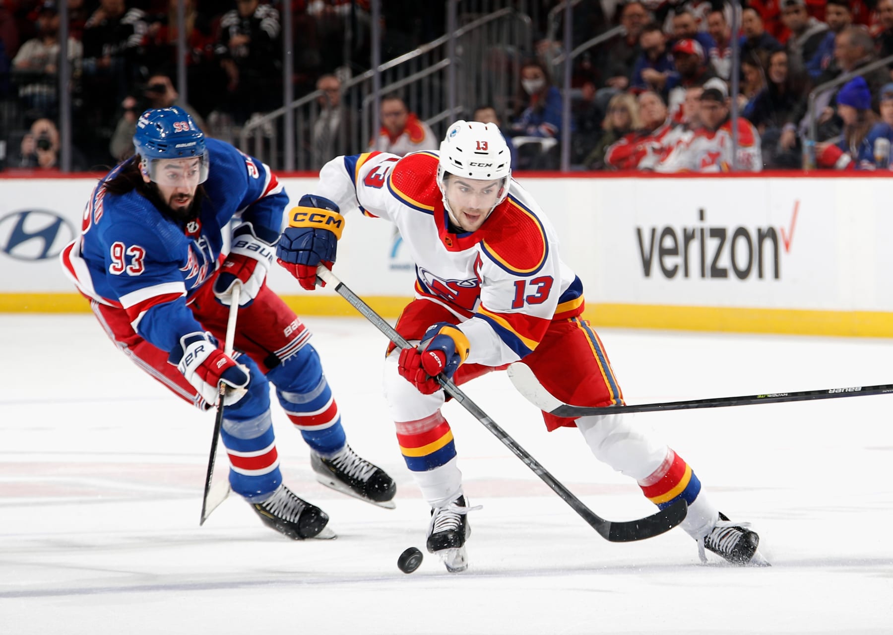NEWARK, NEW JERSEY - JANUARY 07: Nico Hischier #13 of the New Jersey Devils skates against the New York Rangers at the Prudential Center on January 07, 2023 in Newark, New Jersey. (Photo by Bruce Bennett/Getty Images )