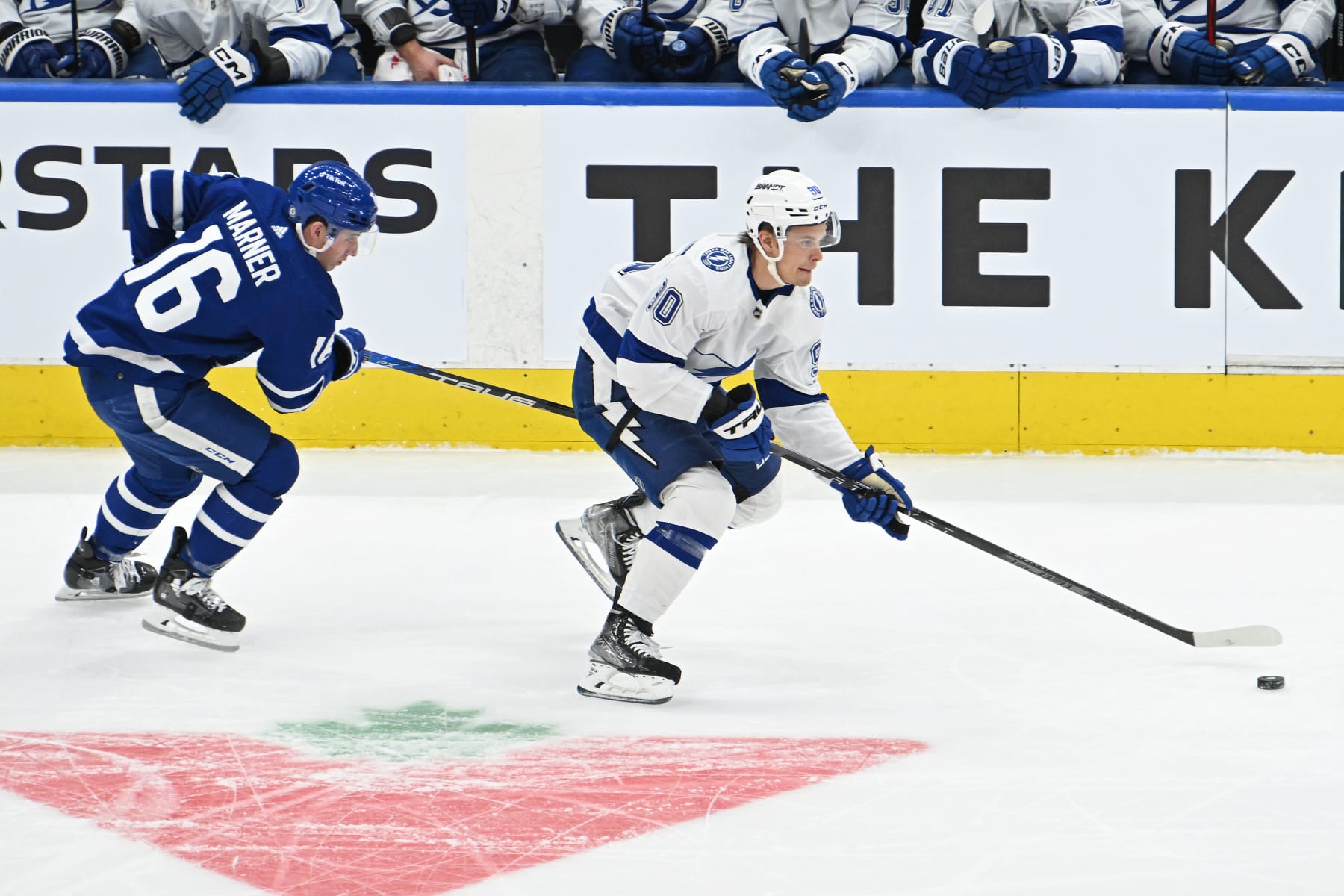 TORONTO, ON - DECEMBER 20: Tampa Bay Lightning Left Wing Vladislav Namestnikov (90) is pursued by Toronto Maple Leafs Right Wing Mitchell Marner (16) during the regular season NHL game between the Tampa Bay Lightning and Toronto Maple Leafs on December 20, 2022 at Scotiabank Arena in Toronto, ON. (Photo by Gerry Angus/Icon Sportswire via Getty Images)