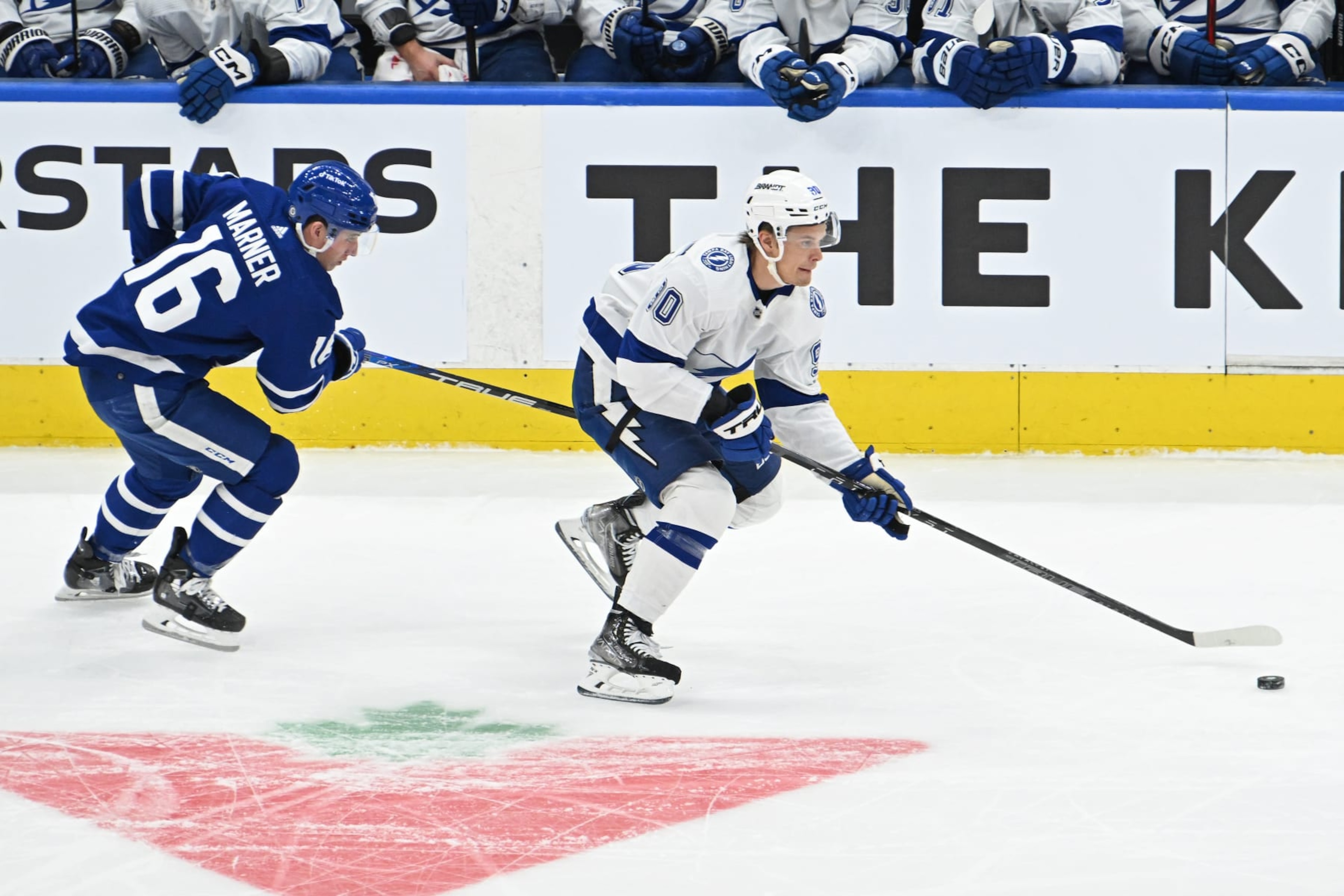 TORONTO, ON - DECEMBER 20: Tampa Bay Lightning Left Wing Vladislav Namestnikov (90) is pursued by Toronto Maple Leafs Right Wing Mitchell Marner (16) during the regular season NHL game between the Tampa Bay Lightning and Toronto Maple Leafs on December 20, 2022 at Scotiabank Arena in Toronto, ON. (Photo by Gerry Angus/Icon Sportswire via Getty Images) TORONTO, ON - DECEMBER 20: Tampa Bay Lightning Left Wing Vladislav Namestnikov (90) is pursued by Toronto Maple Leafs Right Wing Mitchell Marner (16) during the regular season NHL game between the Tampa Bay Lightning and Toronto Maple Leafs on December 20, 2022 at Scotiabank Arena in Toronto, ON. (Photo by Gerry Angus/Icon Sportswire via Getty Images)