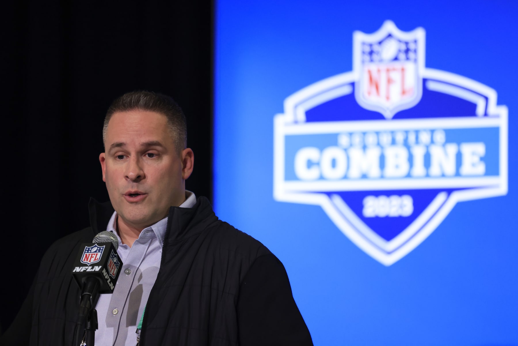 INDIANAPOLIS, INDIANA - FEBRUARY 28: Head coach Josh McDaniels of the Las Vegas Raiders speaks to the media during the NFL Combine at Lucas Oil Stadium on February 28, 2023 in Indianapolis, Indiana. (Photo by Justin Casterline/Getty Images)