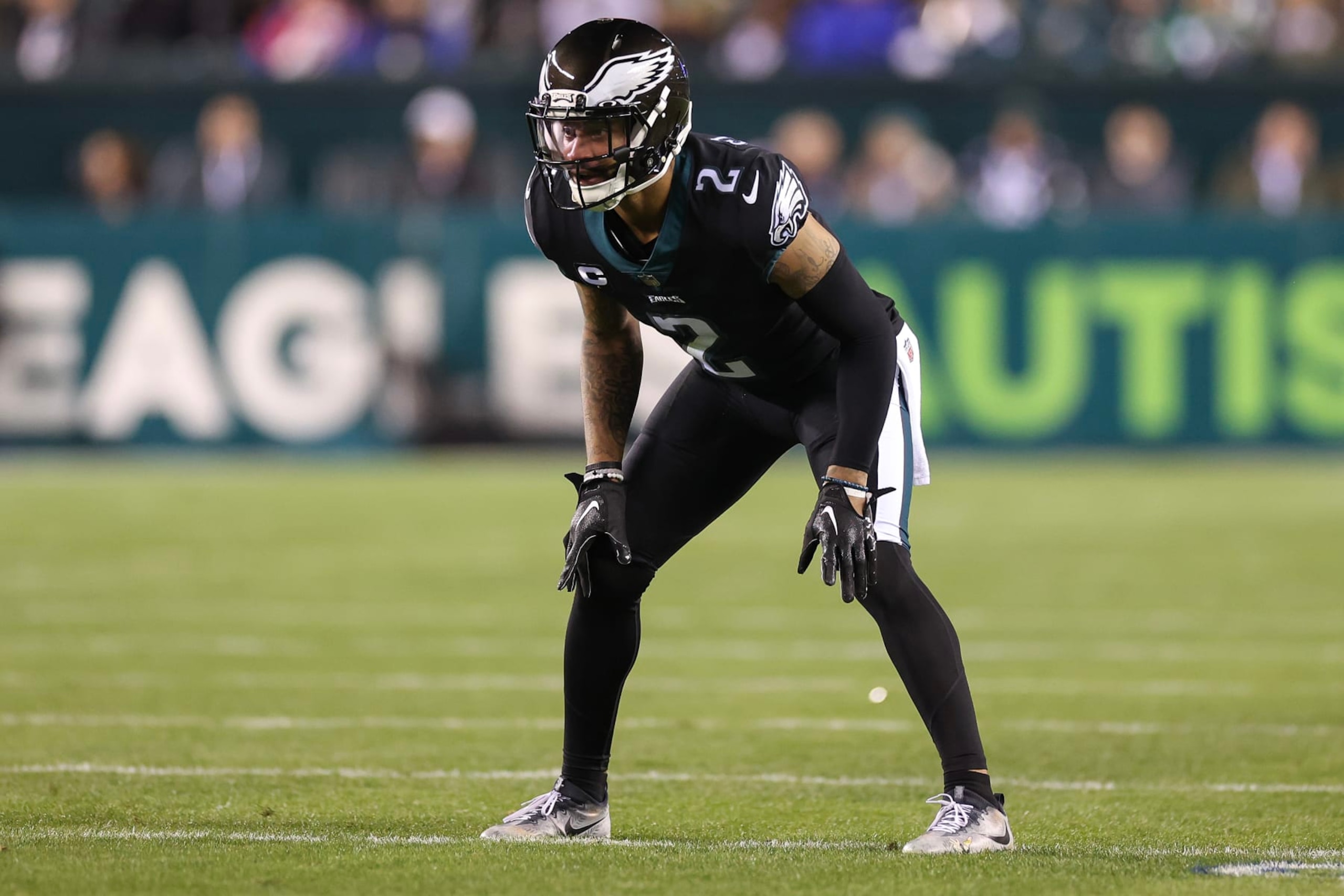 PHILADELPHIA, PENNSYLVANIA - JANUARY 08: Darius Slay #2 of the Philadelphia Eagles looks on against the New York Giants at Lincoln Financial Field on January 08, 2023 in Philadelphia, Pennsylvania. (Photo by Tim Nwachukwu/Getty Images)