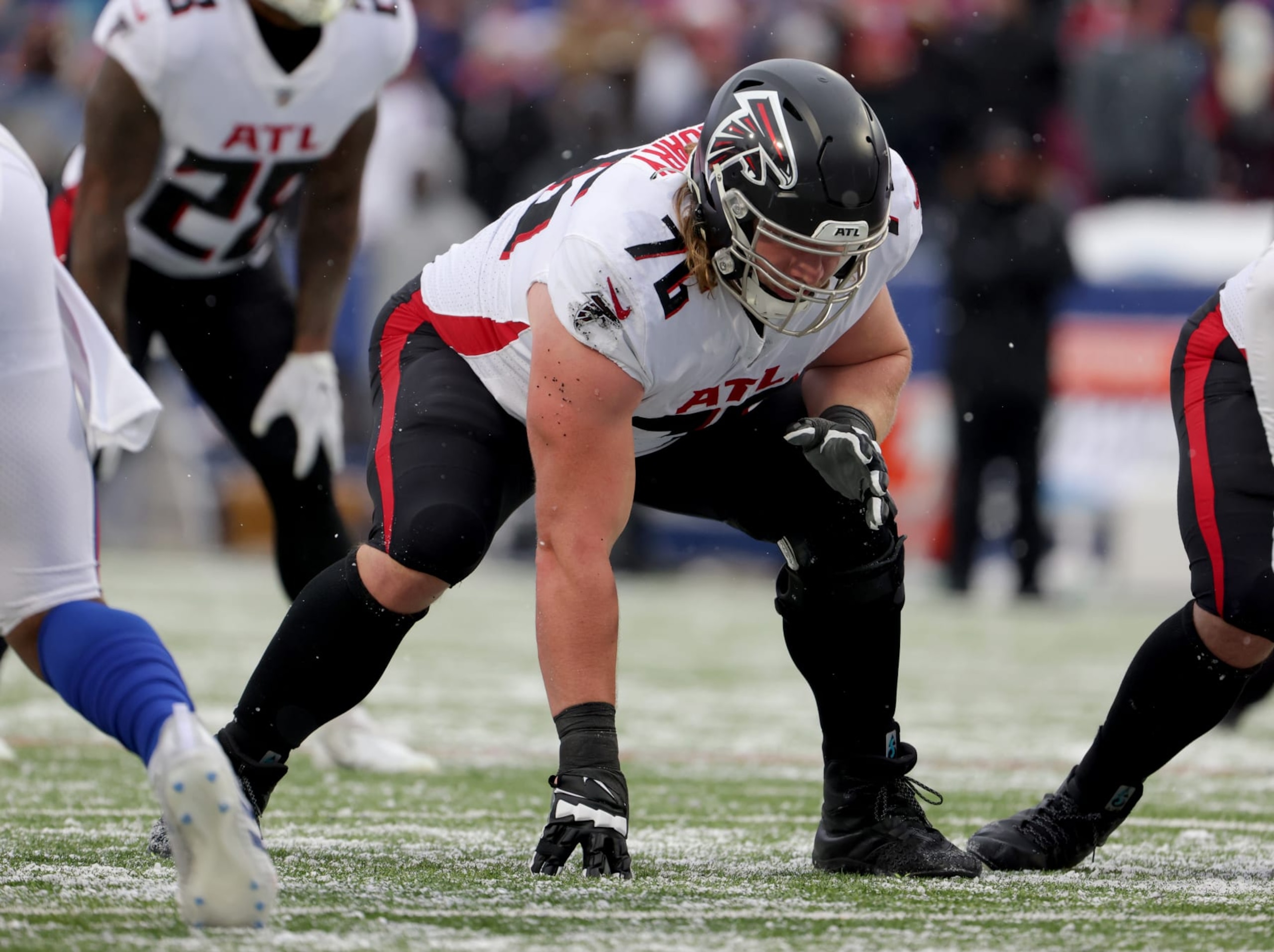 ORCHARD PARK, NY - JANUARY 02: Kaleb McGary #76 of the Atlanta Falcons against the Buffalo Bills at Highmark Stadium on January 2, 2022 in Orchard Park, New York. (Photo by Timothy T Ludwig/Getty Images)