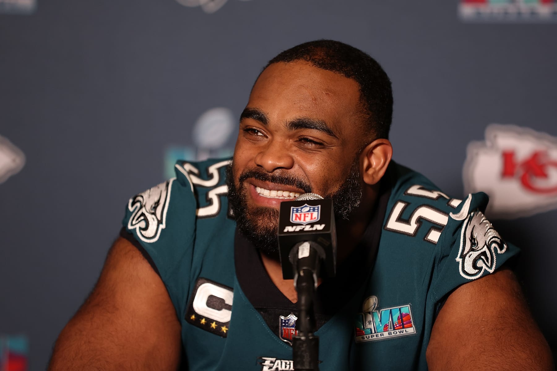 PHOENIX, ARIZONA - FEBRUARY 08: Brandon Graham #55 of the Philadelphia Eagles speaks to the media during the Philadelphia Eagles media availability prior to Super Bowl LVII on February 08, 2023 in Phoenix, Arizona. (Photo by Rob Carr/Getty Images)