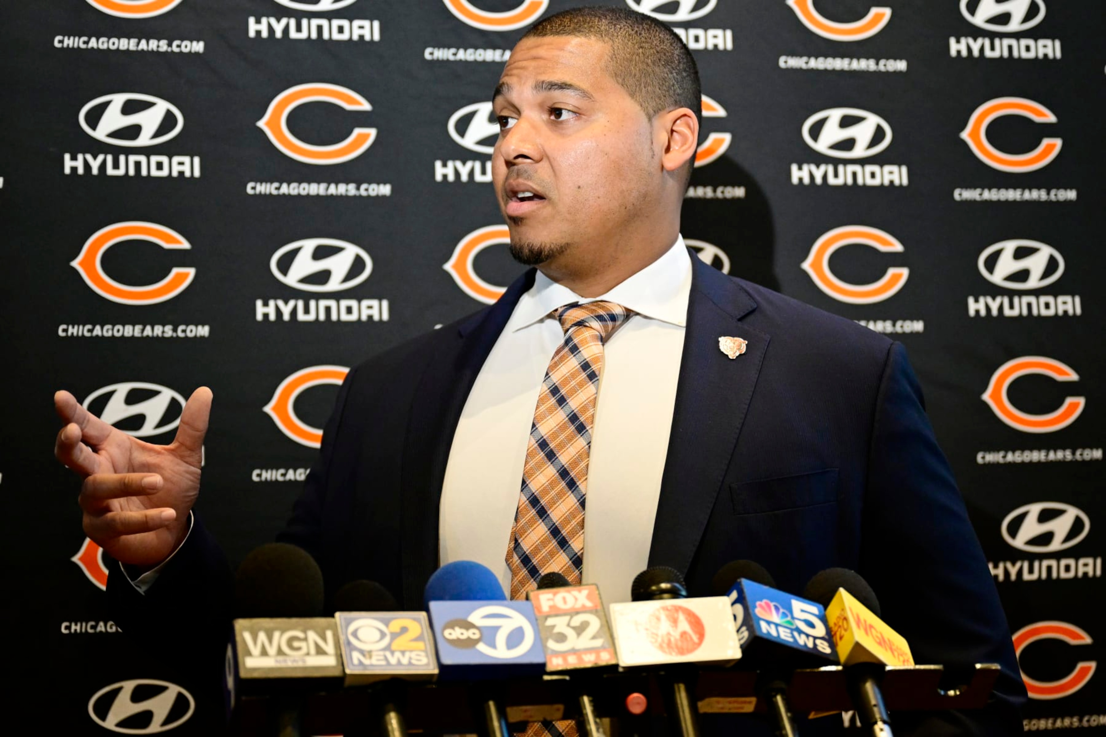 LAKE FOREST, ILLINOIS - JANUARY 17: General manager Ryan Poles of the Chicago Bears addresses questions after Kevin Warren was introduced as Chicago Bears president and CEO at Halas Hall on January 17, 2023 in Lake Forest, Illinois. (Photo by Quinn Harris/Getty Images) LAKE FOREST, ILLINOIS - JANUARY 17: General manager Ryan Poles of the Chicago Bears addresses questions after Kevin Warren was introduced as Chicago Bears president and CEO at Halas Hall on January 17, 2023 in Lake Forest, Illinois. (Photo by Quinn Harris/Getty Images)