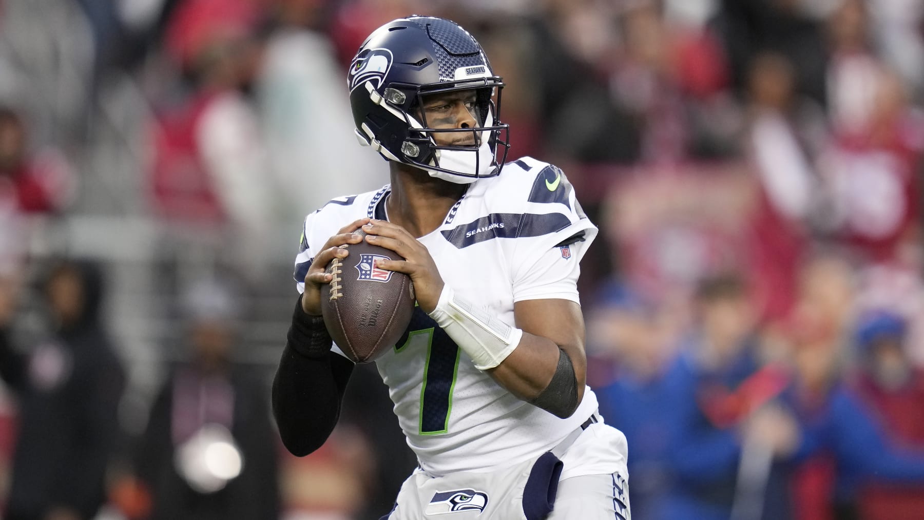 Seattle Seahawks quarterback Geno Smith during an NFL wild card playoff football game against the San Francisco 49ers in Santa Clara, Calif., Saturday, Jan. 14, 2023. (AP Photo/Godofredo A. Vásquez)