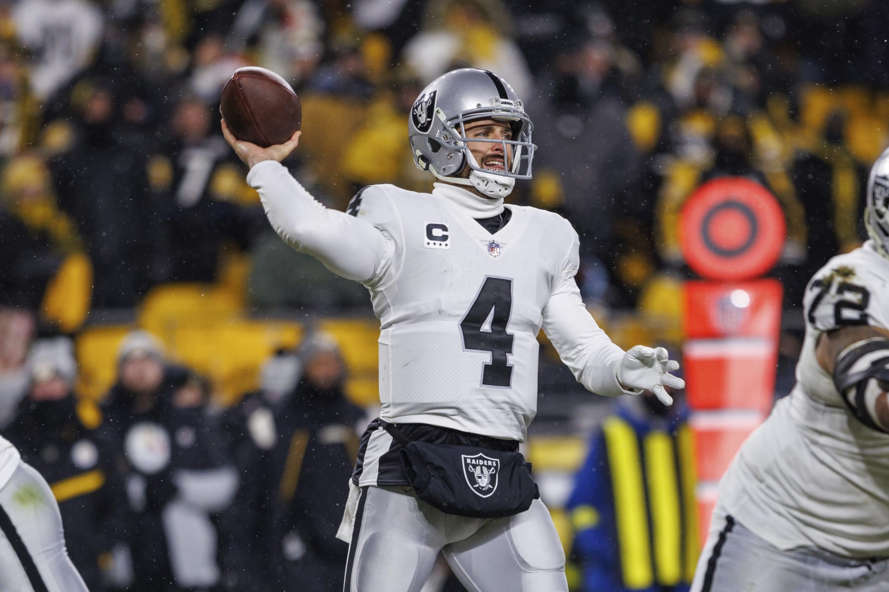 Las Vegas Raiders quarterback Derek Carr (4) throws a pass during an NFL football game, Saturday, Dec. 24, 2022, in Pittsburgh, PA. (AP Photo/Matt Durisko)