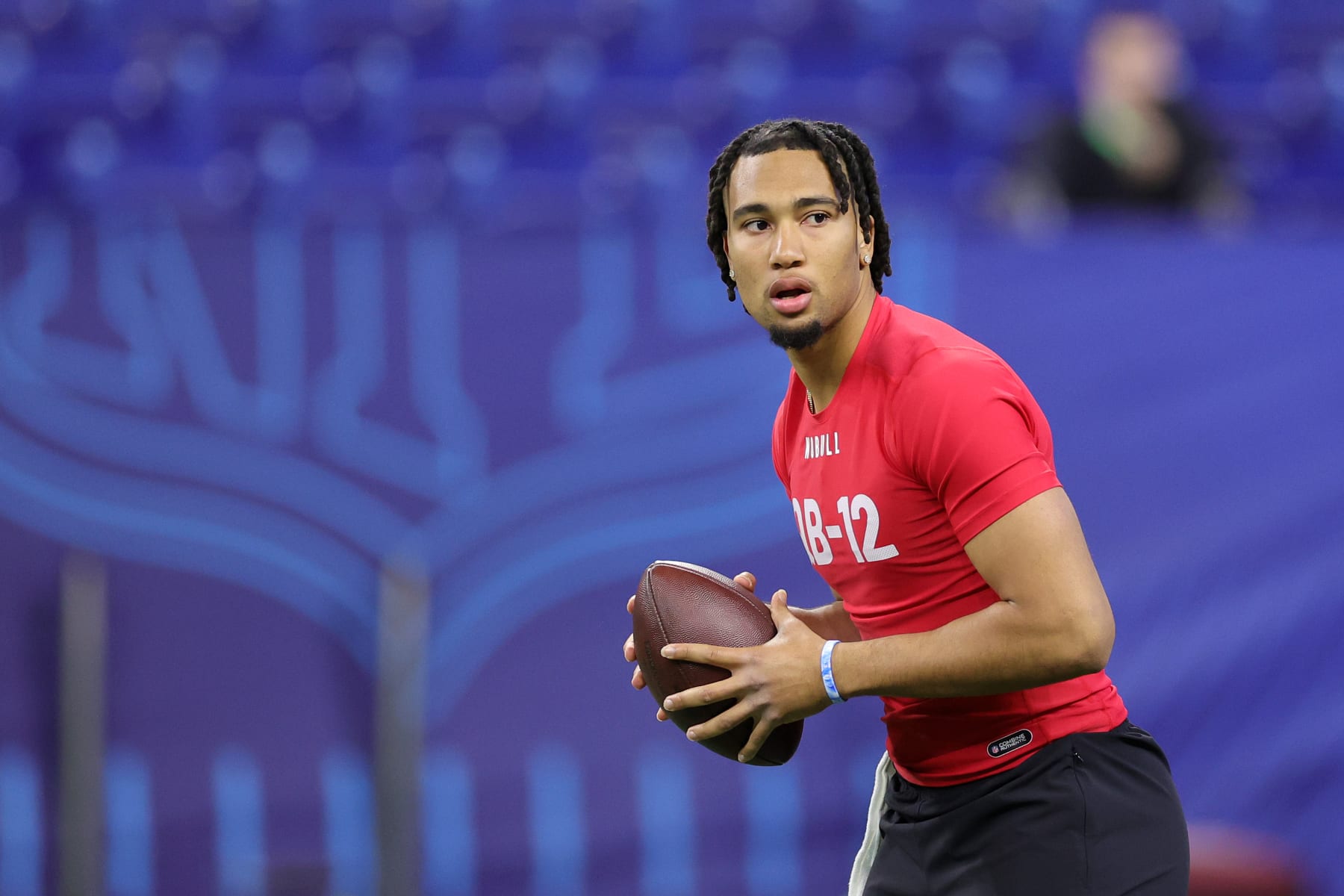 INDIANAPOLIS, INDIANA - MARCH 04: CJ Stroud of Ohio State participates in a drill during the NFL Combine at Lucas Oil Stadium on March 04, 2023 in Indianapolis, Indiana. (Photo by Stacy Revere/Getty Images)