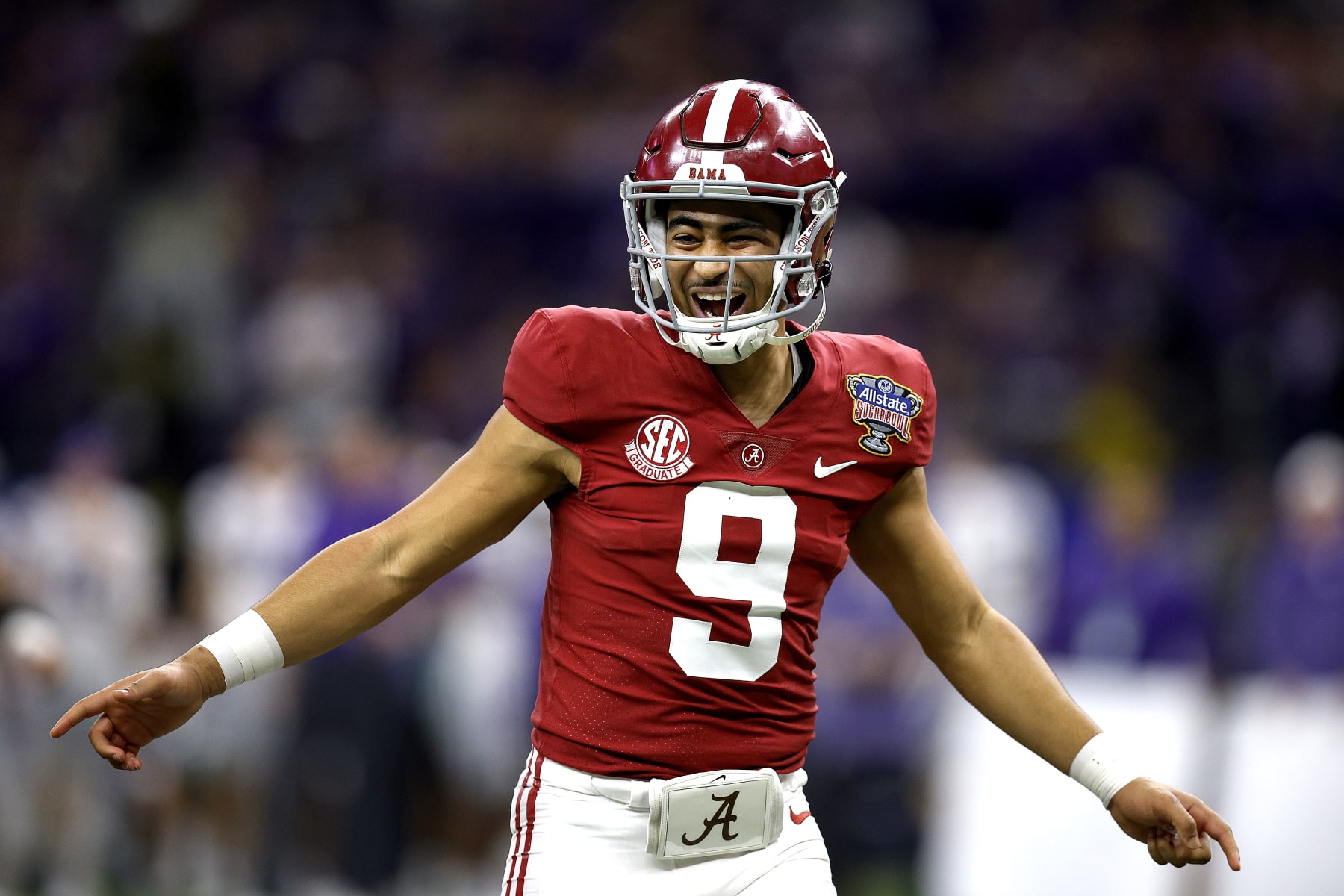 NEW ORLEANS, LOUISIANA - DECEMBER 31: Bryce Young #9 of the Alabama Crimson Tide reacts after throwing a touchdown pass during the fourth quarter of the Allstate Sugar Bowl against the Kansas State Wildcats at Caesars Superdome on December 31, 2022 in New Orleans, Louisiana. (Photo by Sean Gardner/Getty Images)