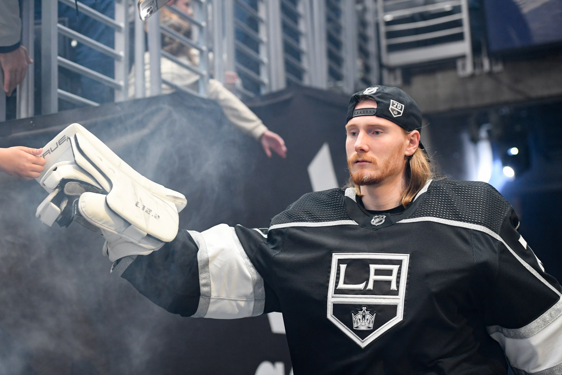 LOS ANGELES, CA - MARCH 2: Joonas Korpisalo #70 of the Los Angeles Kings takes the ice prior to the third period against the Montreal Canadiens at Crypto.com Arena on March 2, 2023 in Los Angeles, California. (Photo by Juan Ocampo/NHLI via Getty Images)