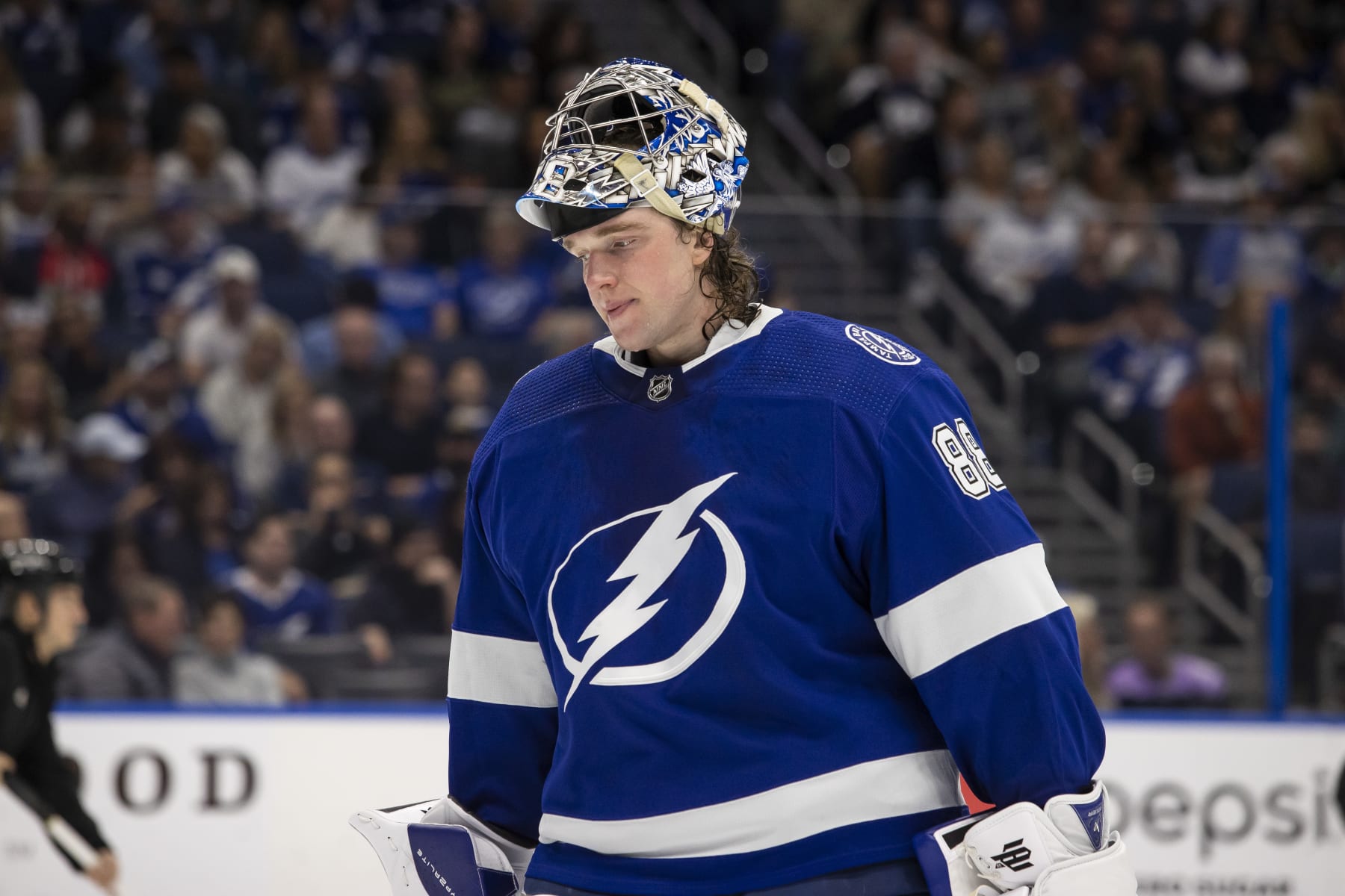 TAMPA, FL - FEBRUARY 28: Goalie Andrei Vasilevskiy #88 of the Tampa Bay Lightning during a tv timeout against the Florida Panthers during the second period at Amalie Arena on February 28, 2023 in Tampa, Florida. (Photo by Mark LoMoglio/NHLI via Getty Images)