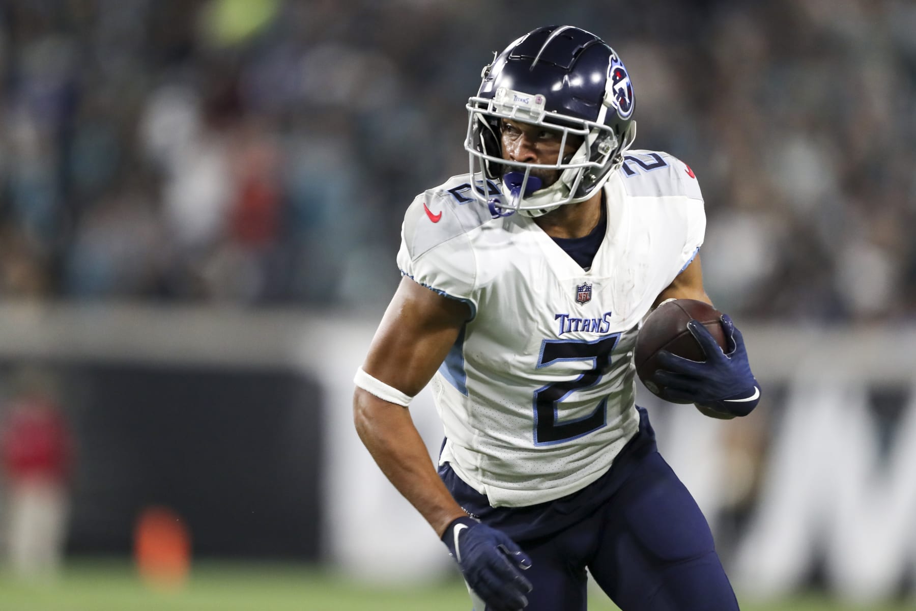 JACKSONVILLE, FLORIDA - JANUARY 07: Robert Woods #2 of the Tennessee Titans runs upfield during the first quarter against the Jacksonville Jaguars at TIAA Bank Field on January 07, 2023 in Jacksonville, Florida. (Photo by Courtney Culbreath/Getty Images)