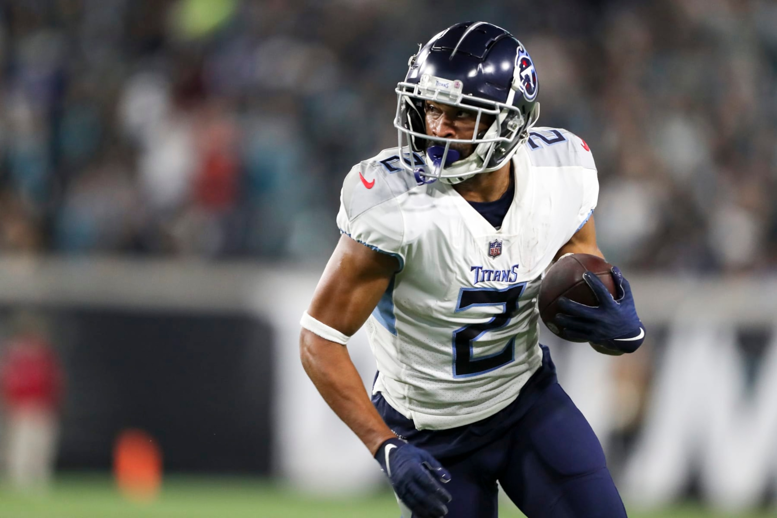 JACKSONVILLE, FLORIDA - JANUARY 07: Robert Woods #2 of the Tennessee Titans runs upfield during the first quarter against the Jacksonville Jaguars at TIAA Bank Field on January 07, 2023 in Jacksonville, Florida. (Photo by Courtney Culbreath/Getty Images)