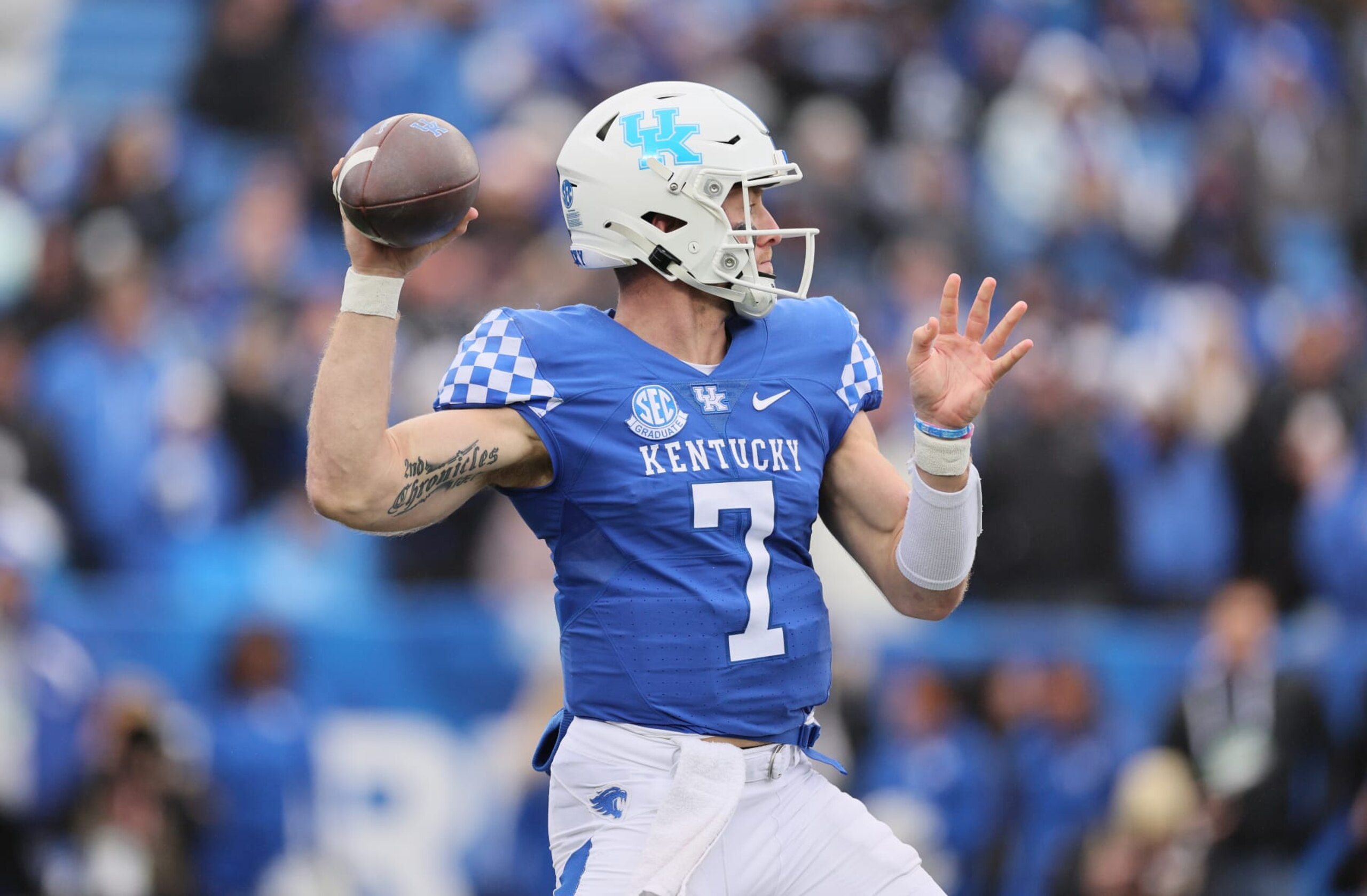 LEXINGTON, KENTUCKY - NOVEMBER 12: Will Levis #7 of the Kentucky Wildcats against the Vanderbilt Commodores at Kroger Field on November 12, 2022 in Lexington, Kentucky. (Photo by Andy Lyons/Getty Images)
