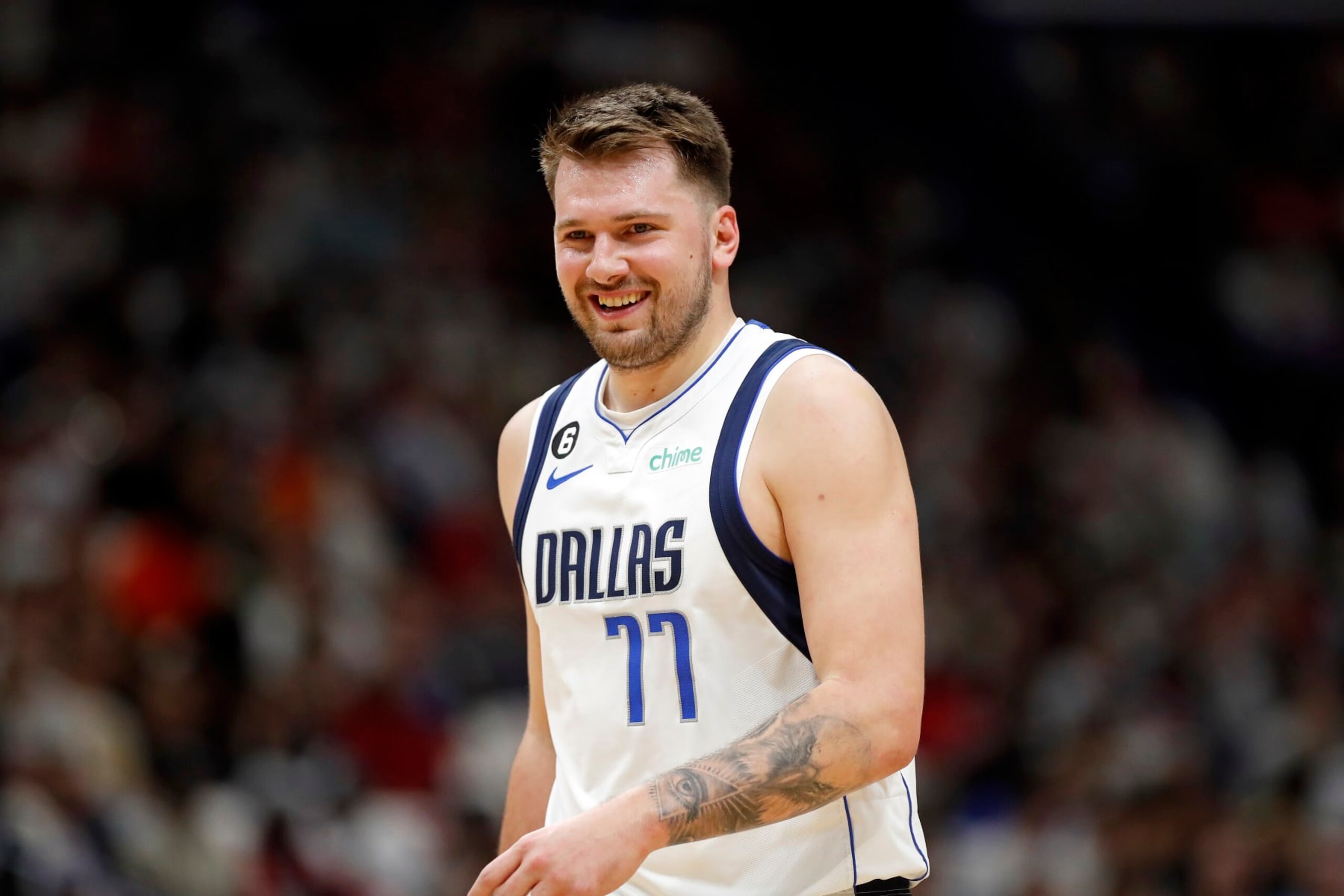 Dallas Mavericks guard Luka Doncic (77) reacts to a call in the first half of an NBA basketball game against the New Orleans Pelicans in New Orleans, Wednesday, March 8, 2023. (AP Photo/Tyler Kaufman)
