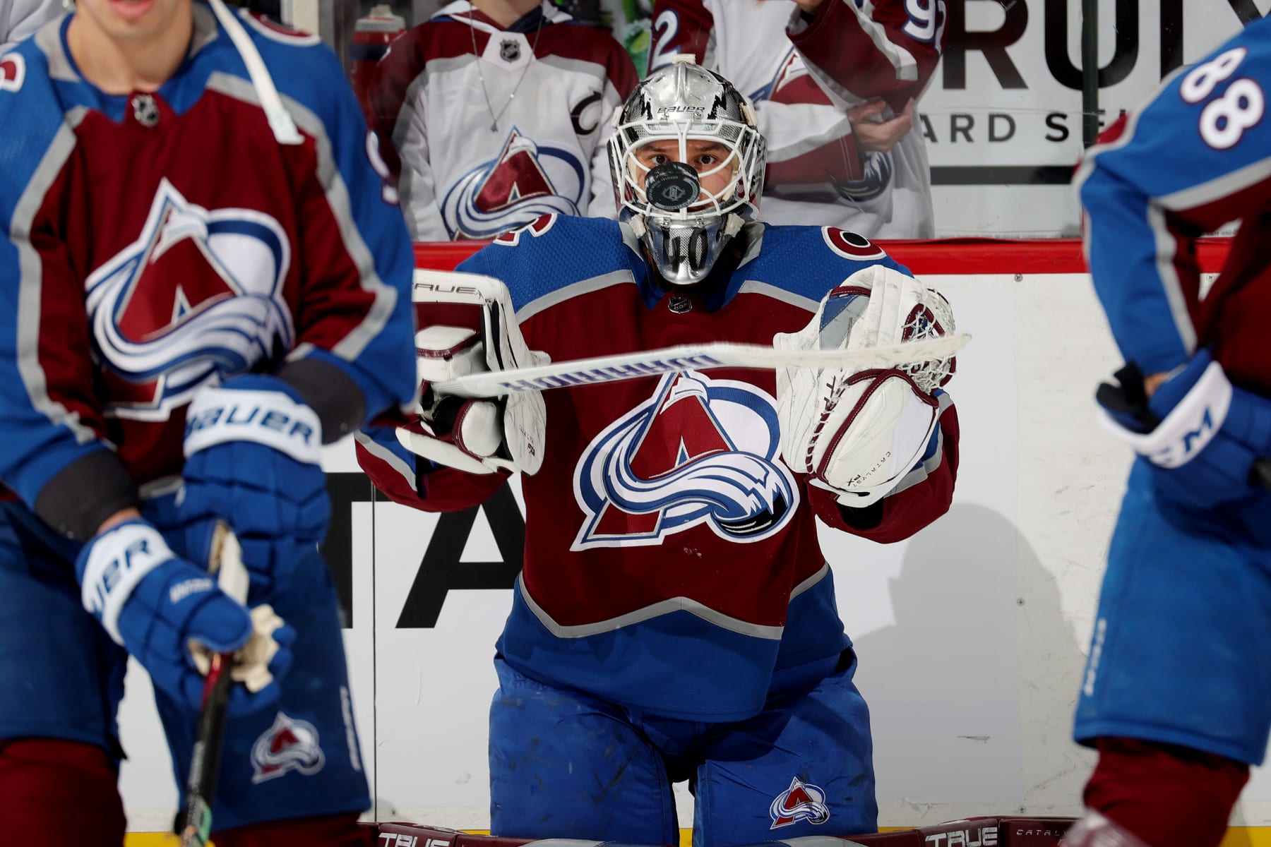 DENVER, COLORADO - JANUARY 26: Goaltender Alexandar Georgiev #40 of the Colorado Avalanche eyes a puck prior to the game against the Anaheim Ducks at Ball Arena on January 26, 2023 in Denver, Colorado. (Photo by Michael Martin/NHLI via Getty Images)