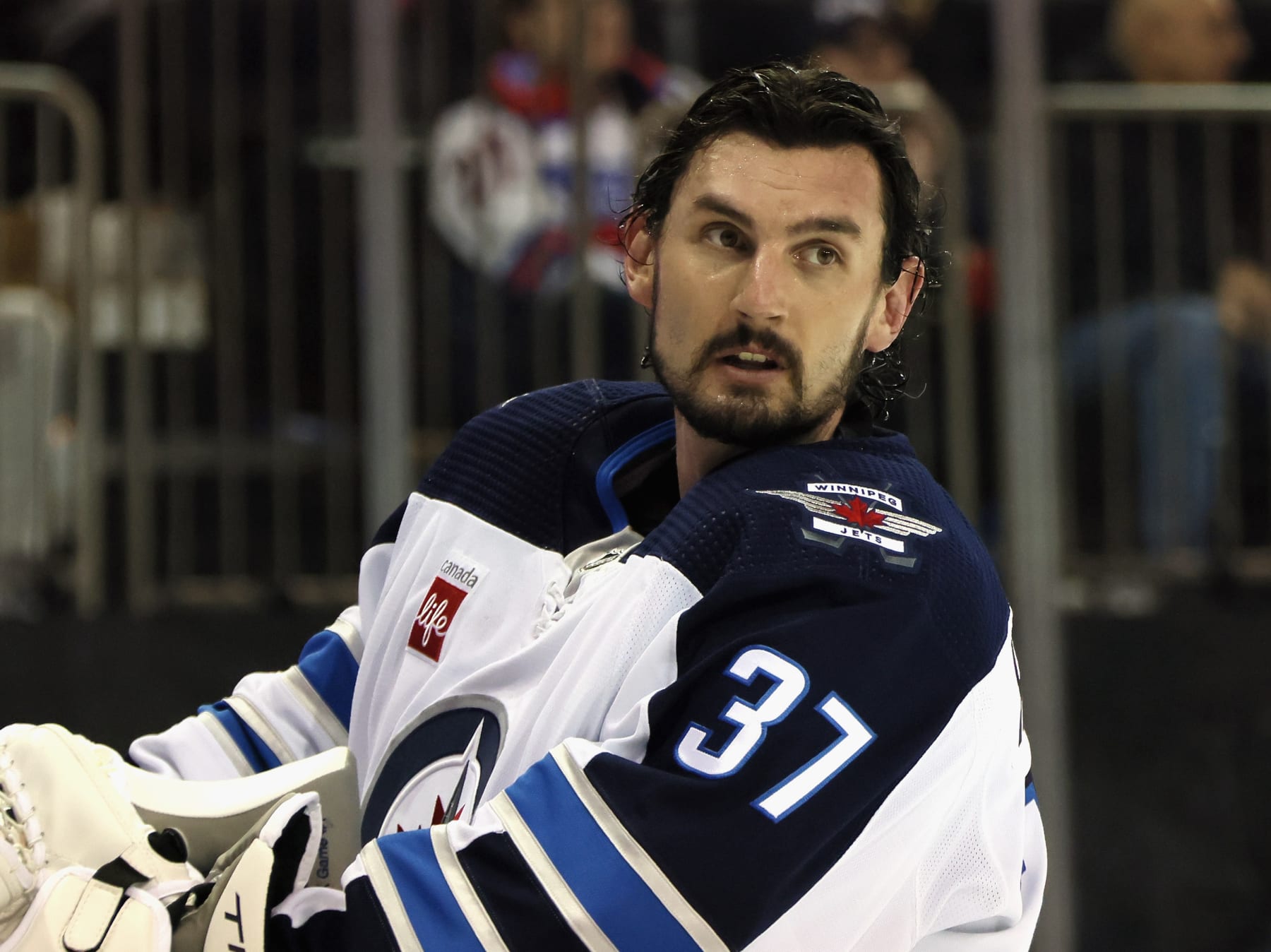NEW YORK, NEW YORK - FEBRUARY 20: Connor Hellebuyck #37 of the Winnipeg Jets skates against the New York Rangers at Madison Square Garden on February 20, 2023 in New York City. (Photo by Bruce Bennett/Getty Images)