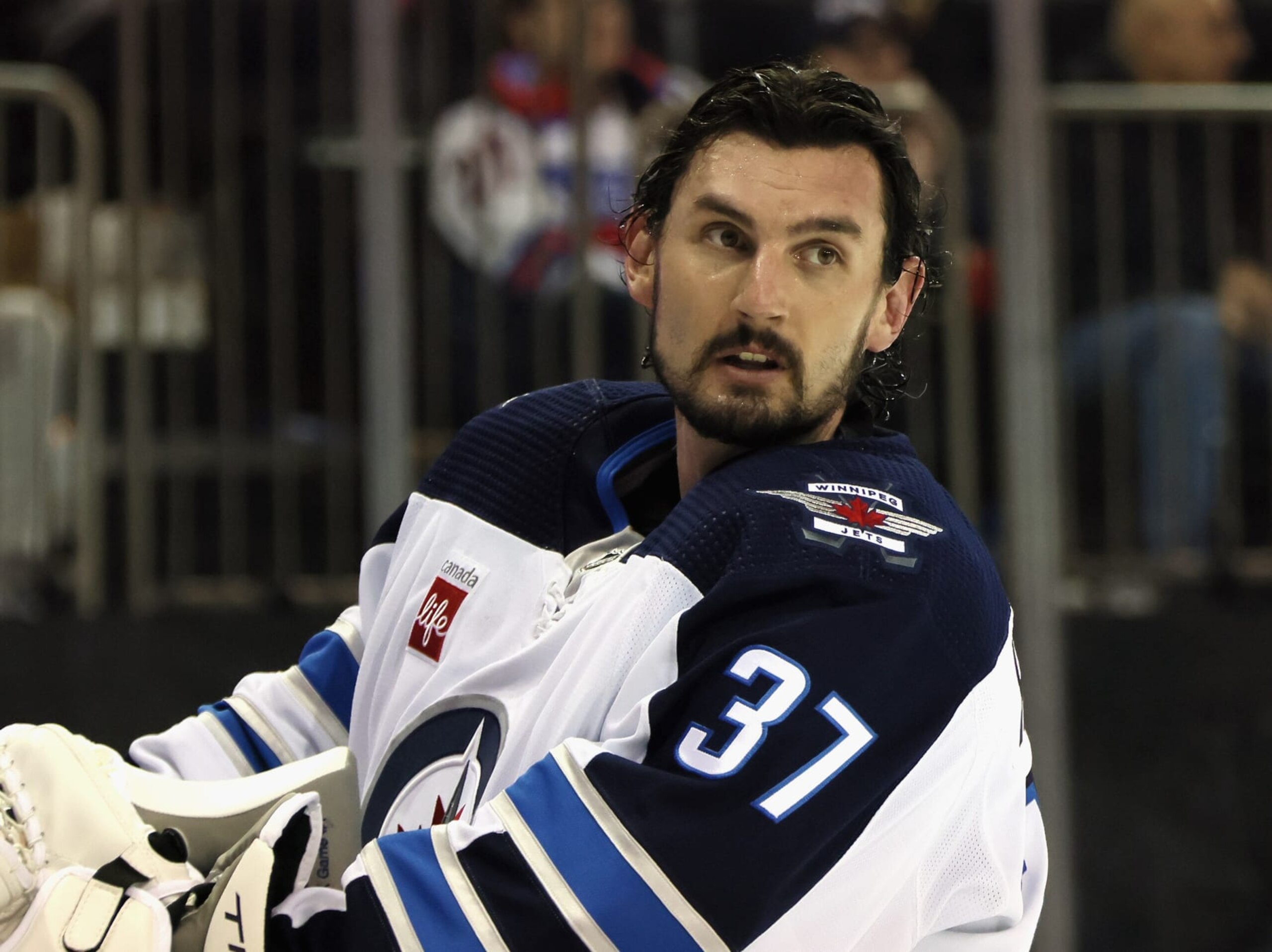 NEW YORK, NEW YORK - FEBRUARY 20: Connor Hellebuyck #37 of the Winnipeg Jets skates against the New York Rangers at Madison Square Garden on February 20, 2023 in New York City. (Photo by Bruce Bennett/Getty Images)