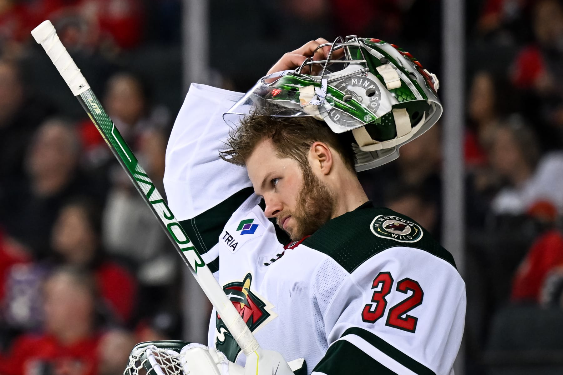 CALGARY, AB - MARCH 04: Minnesota Wild Goalie Filip Gustavsson (32) looks on during the third period of an NHL game between the Calgary Flames and the Minnesota Wild on March 4, 2023, at the Scotiabank Saddledome in Calgary, AB. (Photo by Brett Holmes/Icon Sportswire via Getty Images)