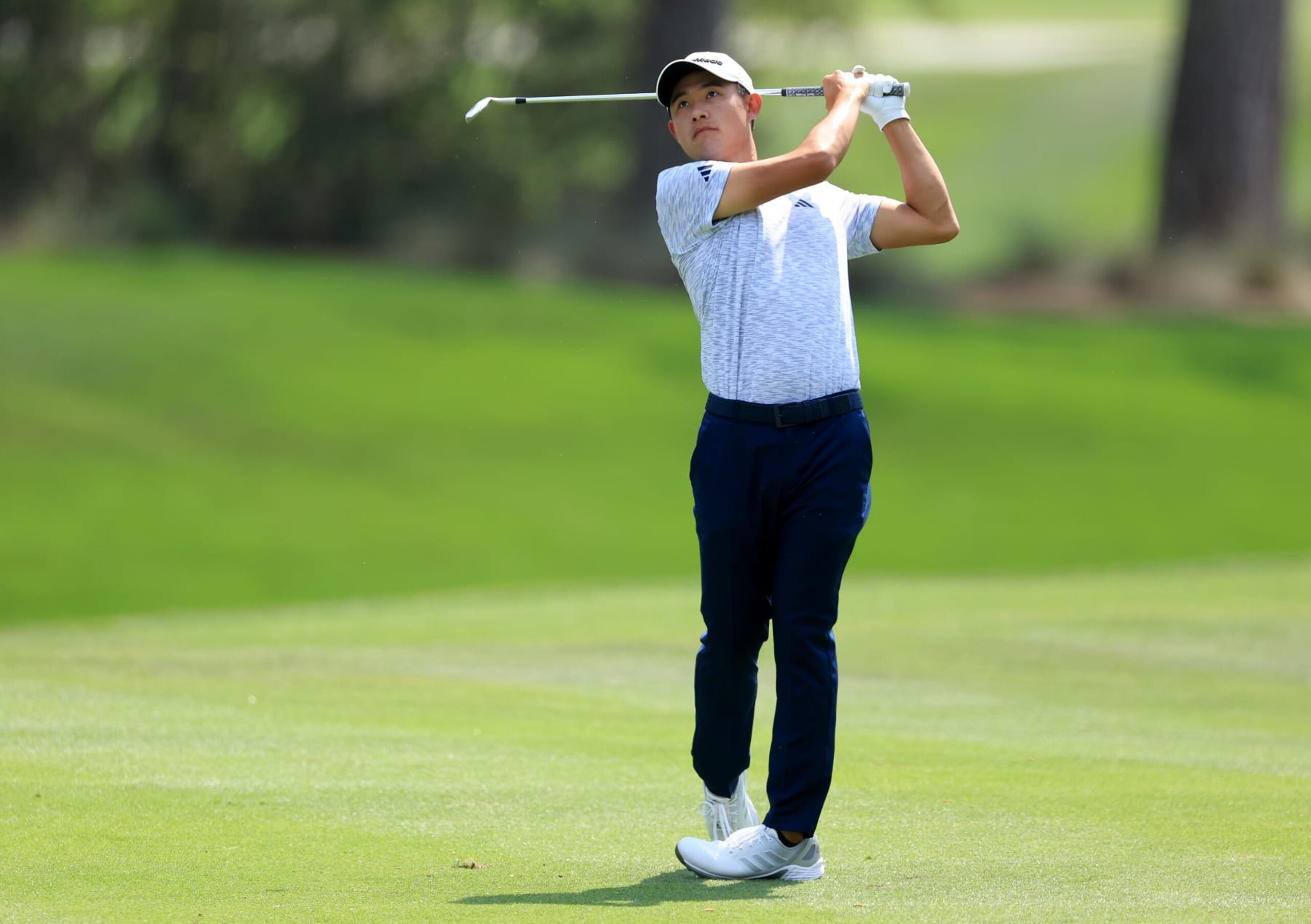 PONTE VEDRA BEACH, FLORIDA - MARCH 10: Collin Morikawa of The United States plays his second shot on the first hole during the second round of THE PLAYERS Championship on THE PLAYERS Stadium Course at TPC Sawgrass on March 10, 2023 in Ponte Vedra Beach, Florida. (Photo by David Cannon/Getty Images)