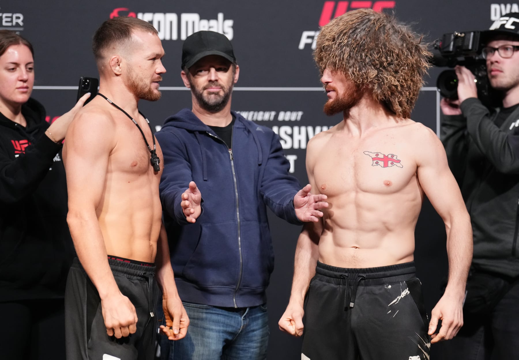 LAS VEGAS, NEVADA - MARCH 10: (L-R) Opponents Petr Yan of Russia and Merab Dvalishvili of Georgia face off during the UFC Fight Night weigh-in at UFC APEX on March 10, 2023 in Las Vegas, Nevada. (Photo by Chris Unger/Zuffa LLC via Getty Images)