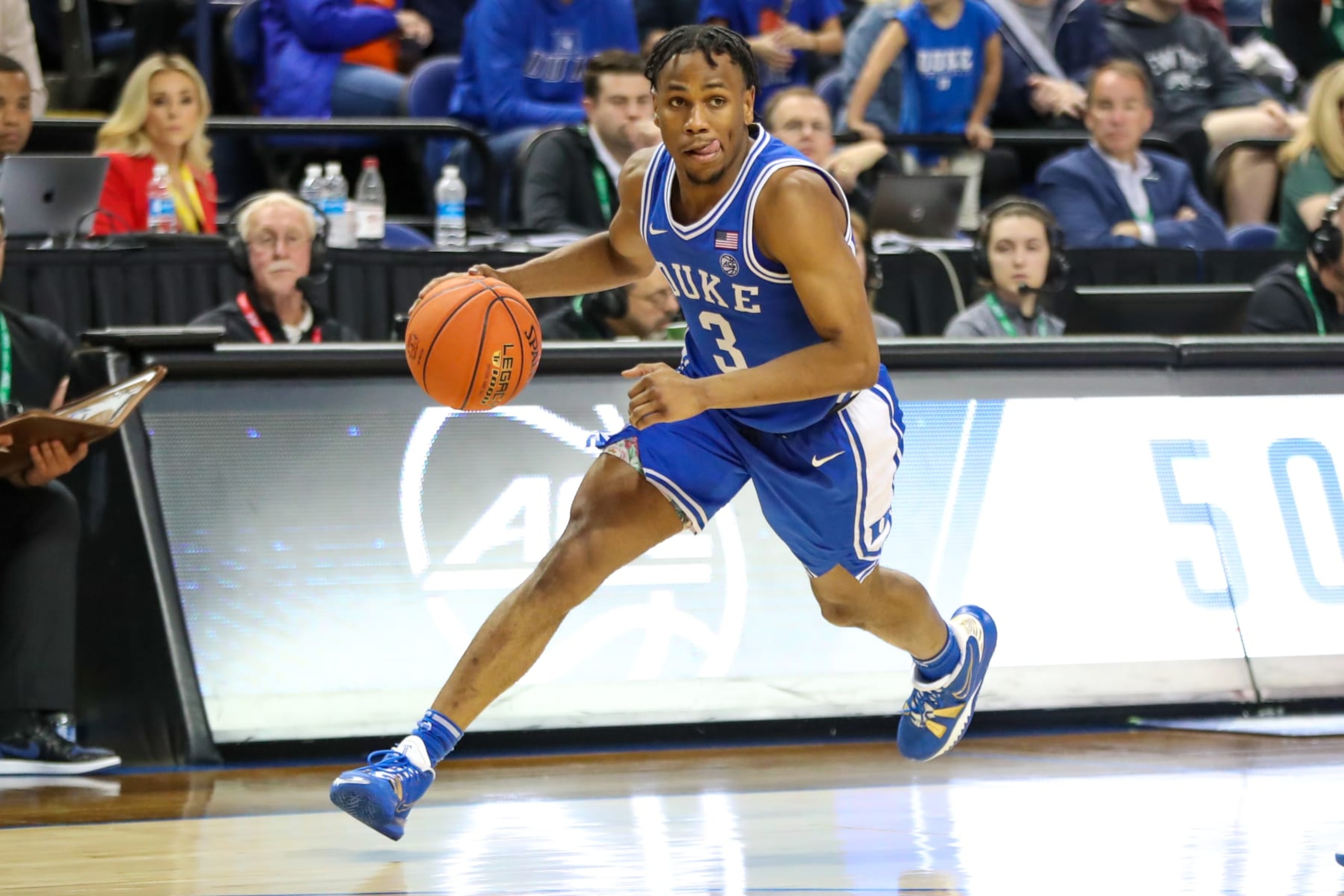 GREENSBORO, NC - MARCH 10: Jeremy Roach (3) of the Duke Blue Devils drives to the basket during the ACC Tournament against the Miami Hurricanes on March 10, 2023 at Greensboro Coliseum in Greensboro, NC.  (Photo by David Jensen/Icon Sportswire via Getty Images)