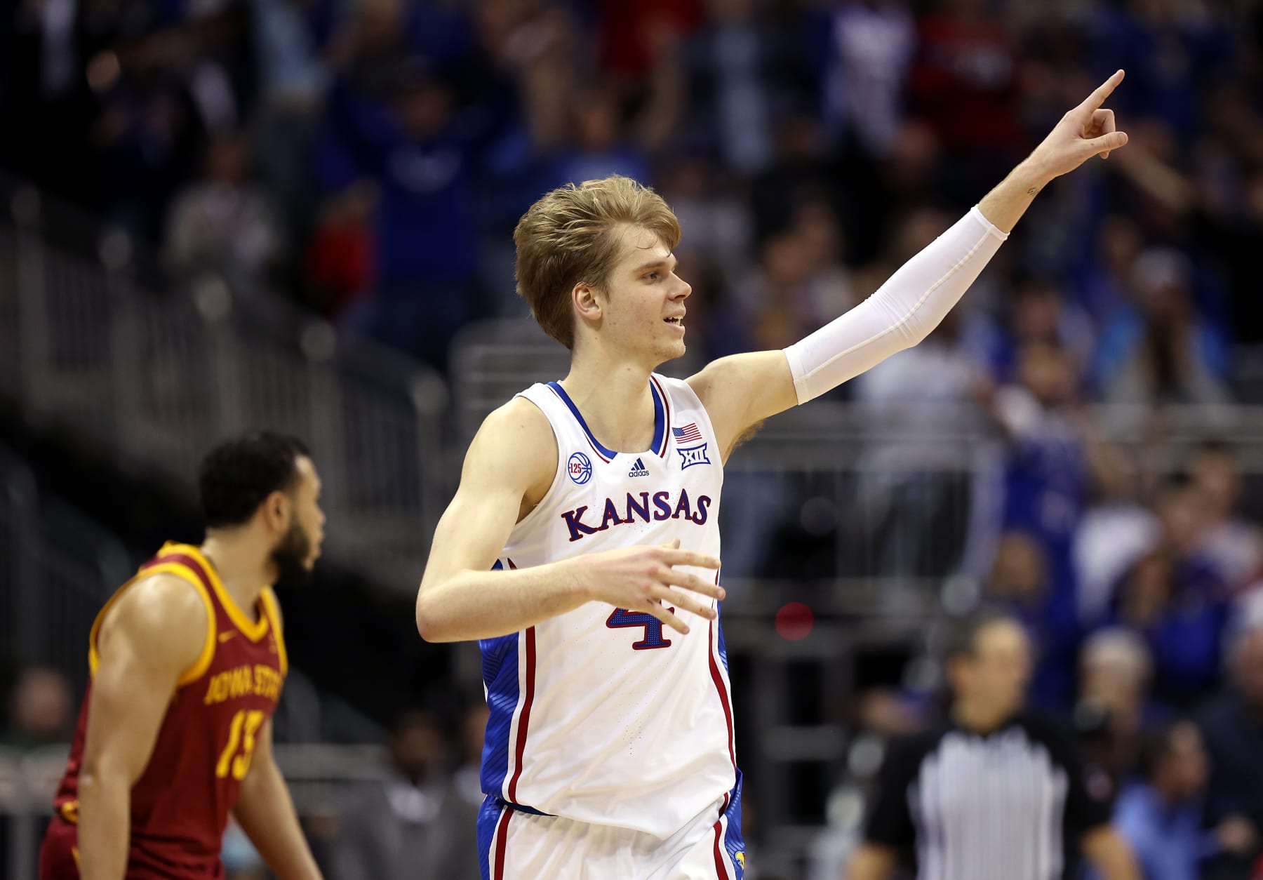 KANSAS CITY, MISSOURI - MARCH 10:  Gradey Dick #4 of the Kansas Jayhawks reacts after making a three-pointer during the Big 12 Tournament game against the Iowa State Cyclones at T-Mobile Center on March 10, 2023 in Kansas City, Missouri. (Photo by Jamie Squire/Getty Images)