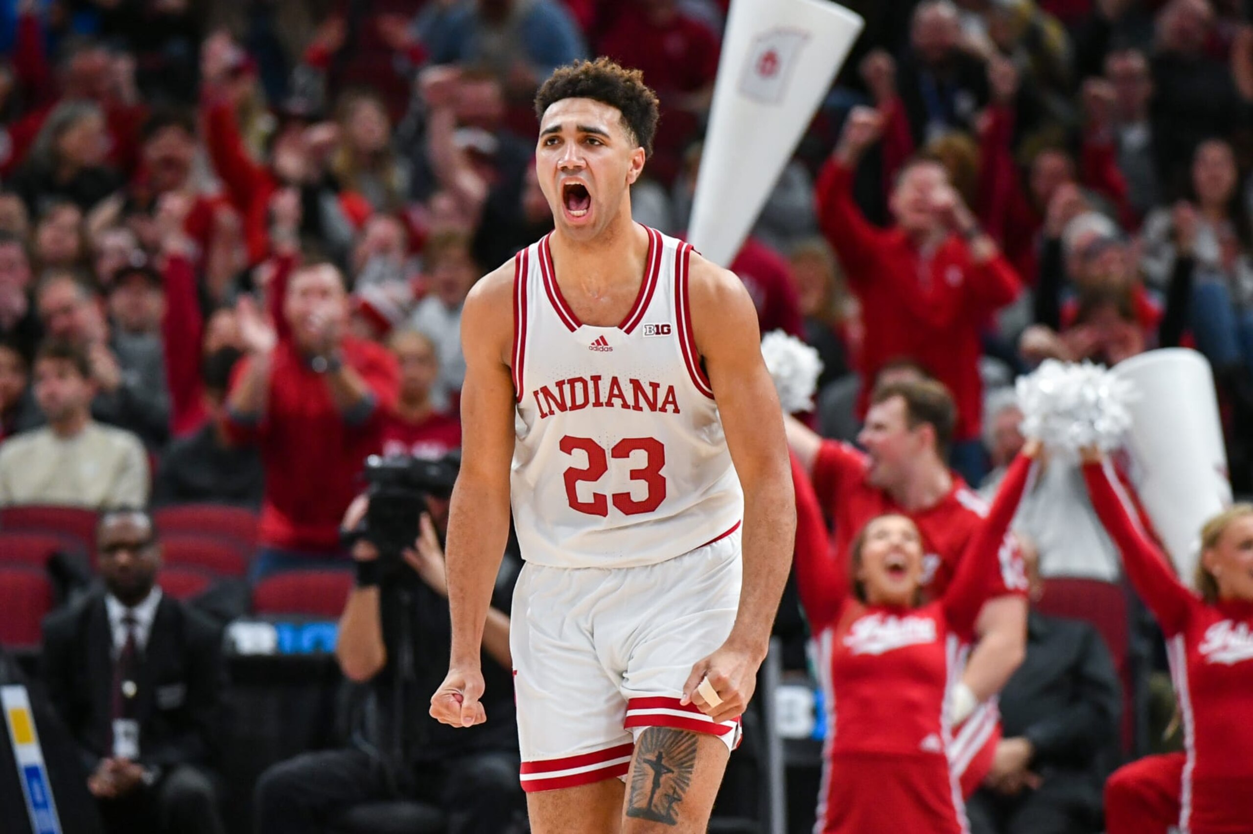 CHICAGO, ILLINOIS - MARCH 10: Trayce Jackson-Davis #23 of the Indiana Hoosiers reacts after making a basket during the second half of a Big Ten Men's Basketball Tournament Quarterfinals game against the Maryland Terrapins at United Center on March 10, 2023 in Chicago, Illinois. The Indiana Hoosiers won the game 70-60 over the Maryland Terrapins. (Photo by Aaron J. Thornton/Getty Images)