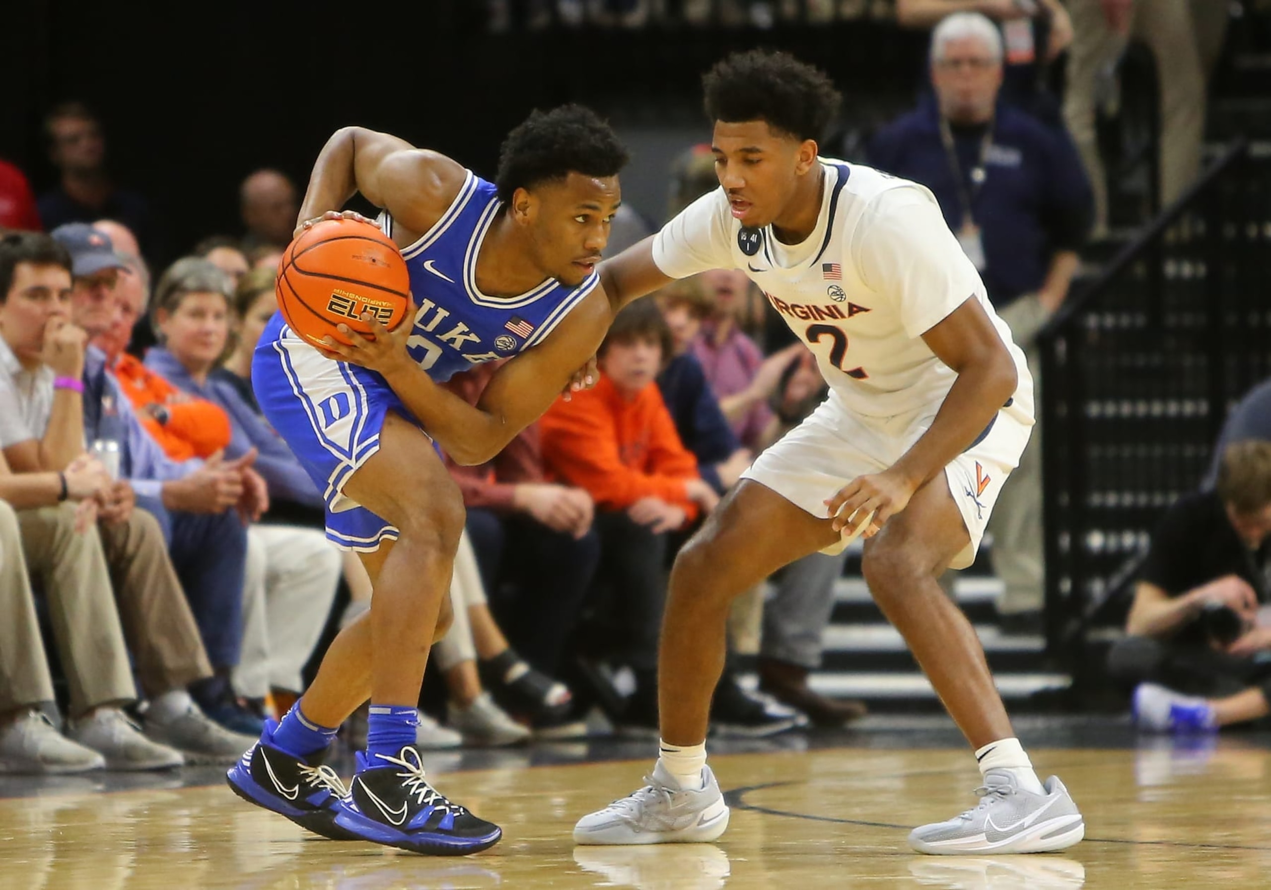 CHARLOTTESVILLE, VA - FEBRUARY 11: Virginia Cavaliers guard Reece Beekman (2) attempts to defend Duke Blue Devils guard Jeremy Roach (3) during a men's college basketball game between the Duke Blue Devils and the Virginia Cavaliers on February 11, 2023, at John Paul Jones Arena in Charlottesville, VA. (Photo by Lee Coleman/Icon Sportswire via Getty Images)